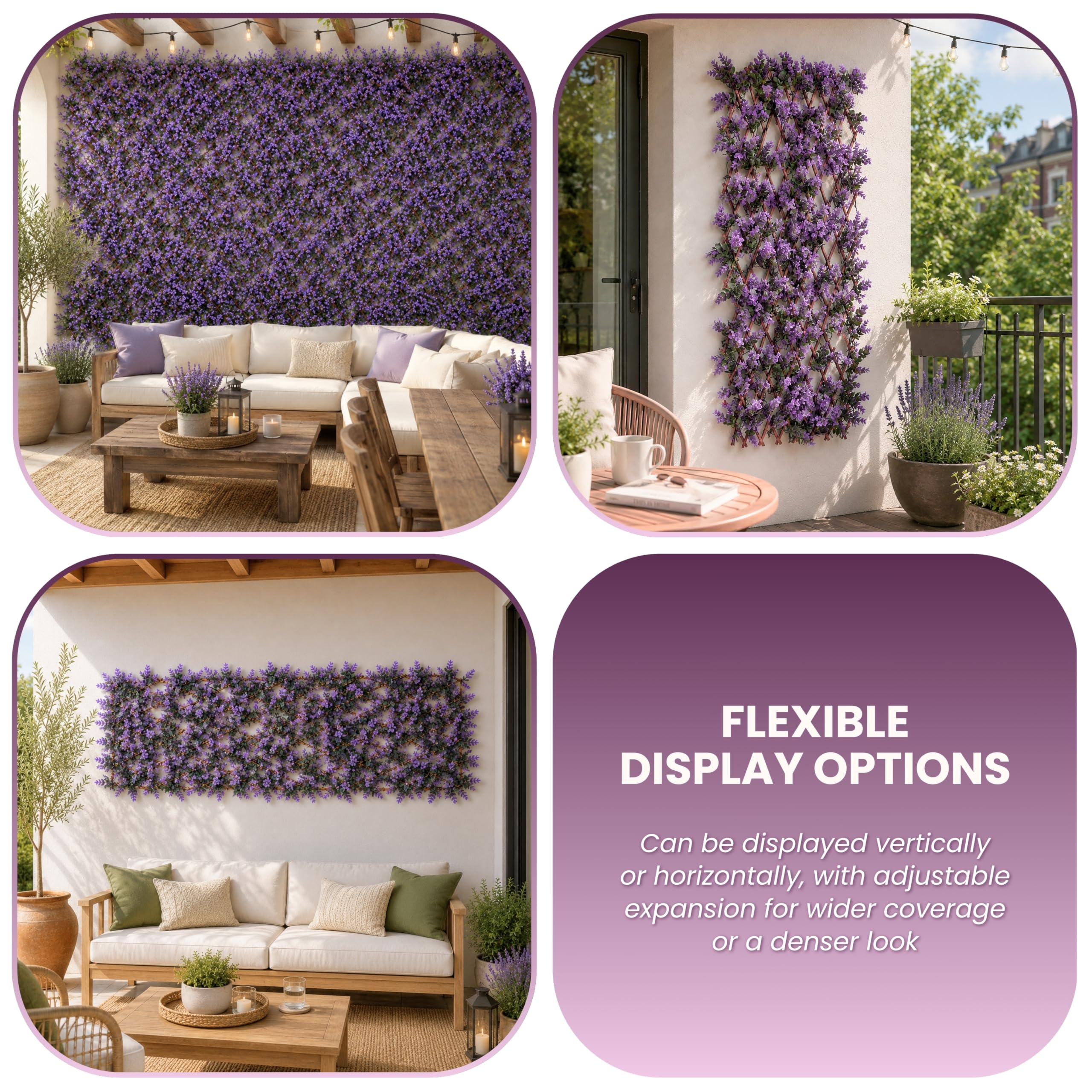 Garden Mile Treillis de fleurs violettes artificielles extensibles de 180 x 60 cm avec fausses feuilles pour jardin, clôture, panneau mural décoratif, balcon, terrasse