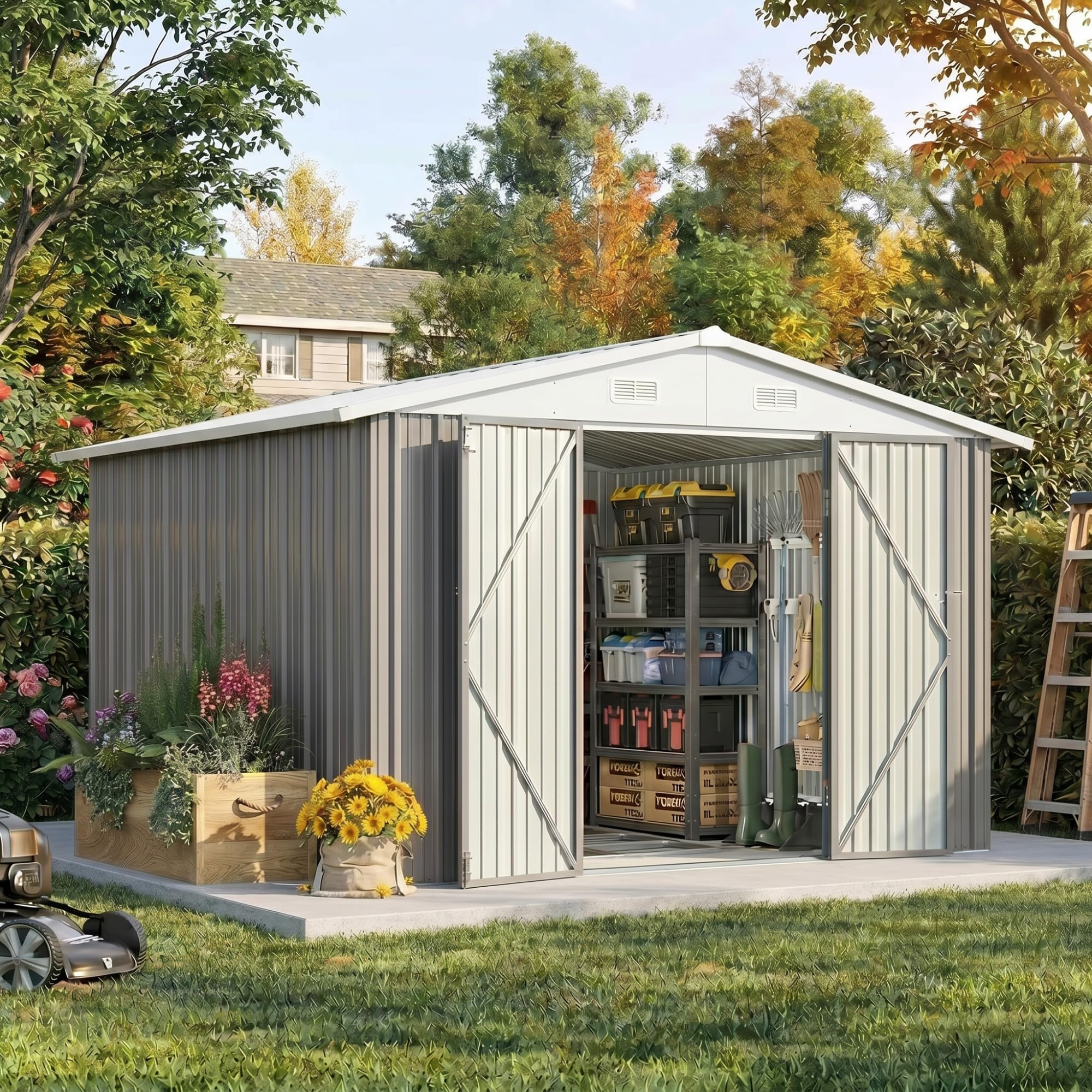 Devoko 10x10 FT Outdoor Storage Shed with Floor Frame, Gray