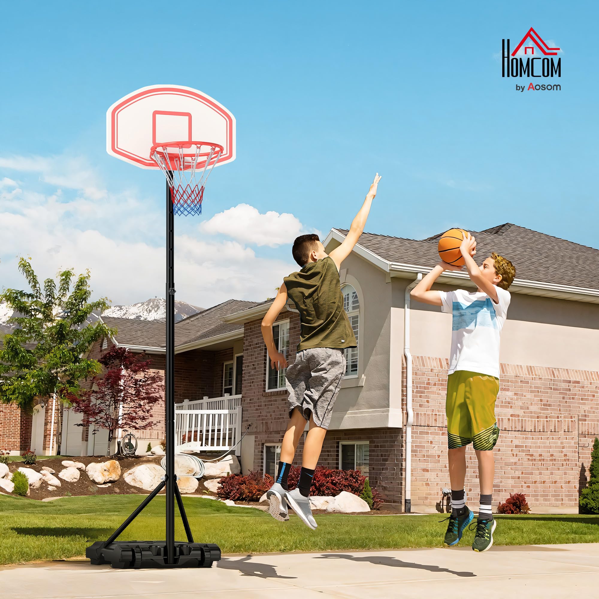 HOMCOM Panier de Basket extérieur Ajustable Portable Hauteur d'arceau réglable 210-240 cm Base de lestage sur roulettes Poteau métal Noir Blanc