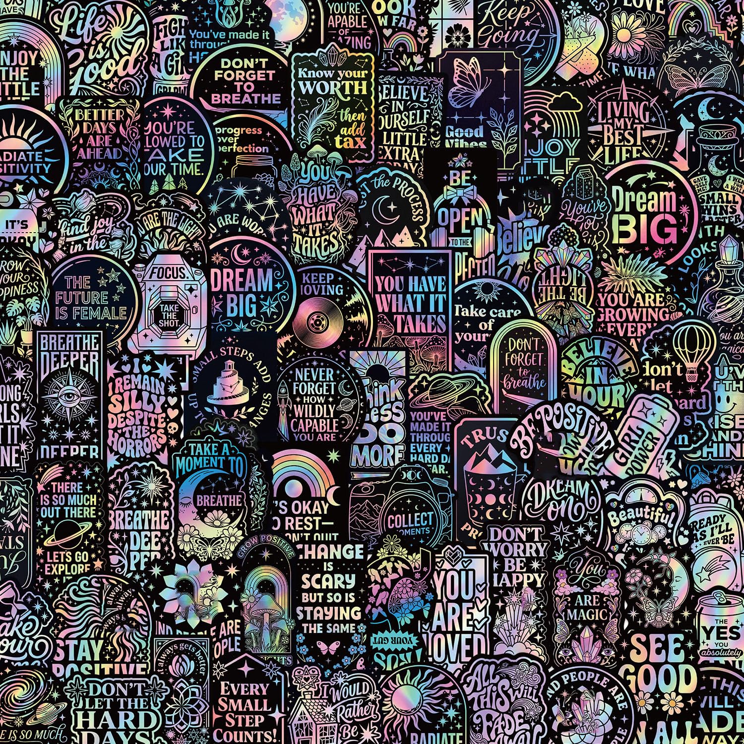 100 Pcs Positive Quote Vinyl Decals Holographic Stickers for Notebook