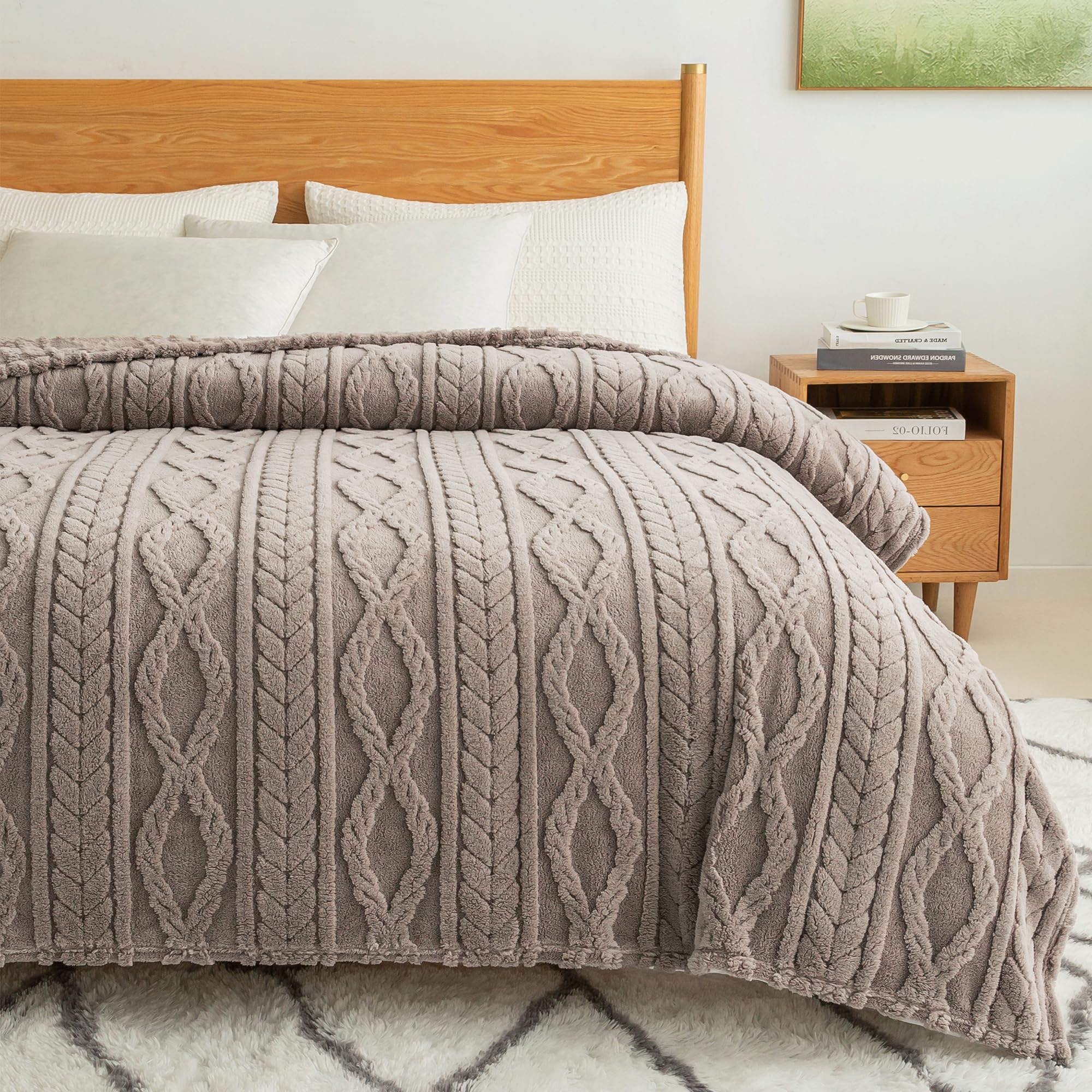 COOVA Premium Sherpa Queen Blanket - 3D Stylish Design Super Soft Cozy Fleece Throw Blanket, Thick Plush Fuzzy Fluffy Lightweight Warm Throw for Women,Couch,Bed,Sofa,Chair(Taupe 90"x90")