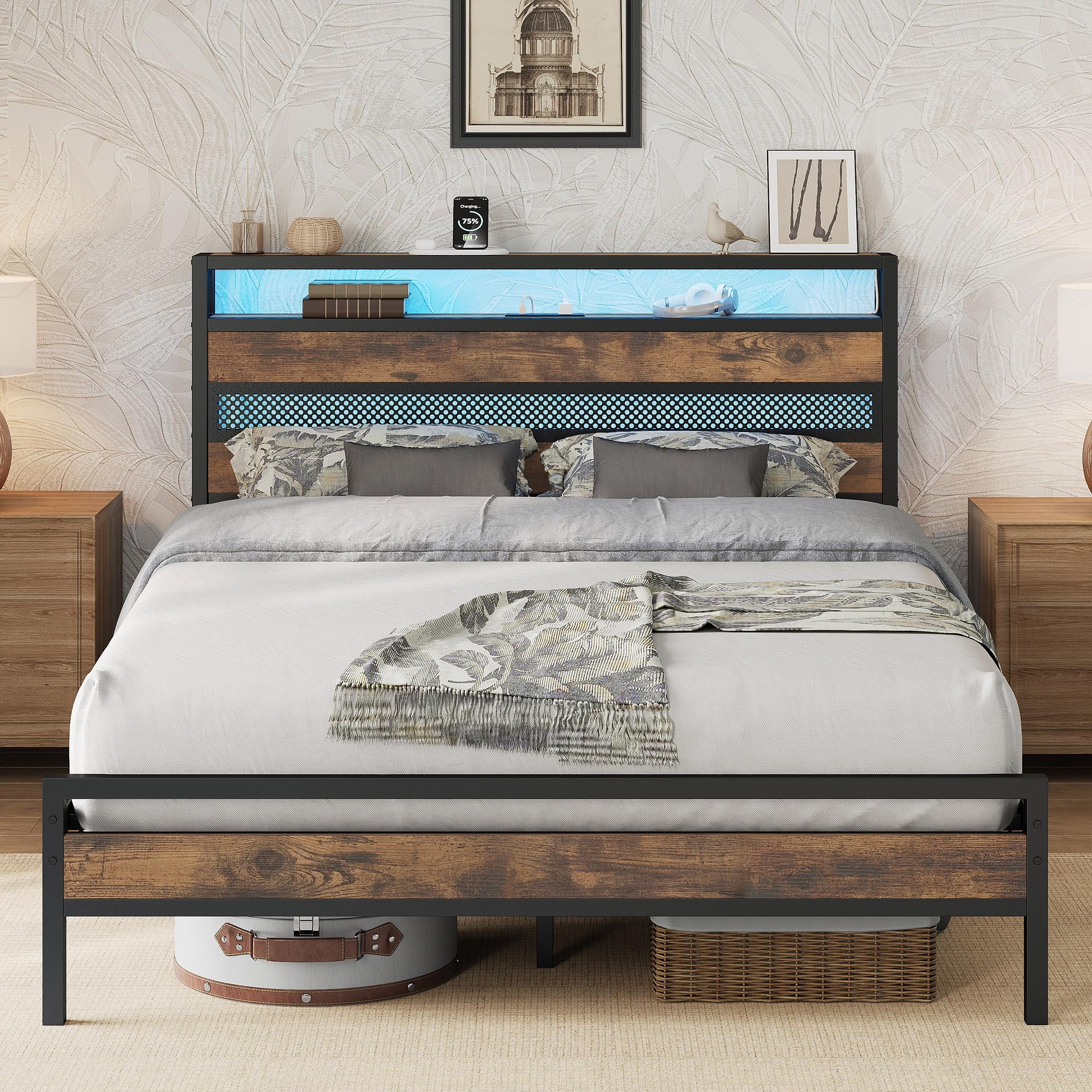IRONCK 4ft6 Double Bed Frame with Storage Headboard and Charging Station/LED Lights, Metal Platform Bed Frame Double, Reinforced Strong Support Leg, UnderBed Storage, Vintage Brown