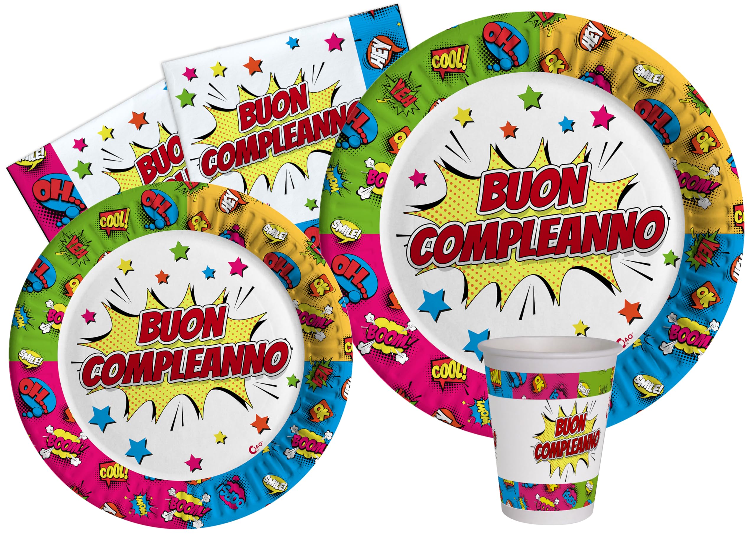 Ciao Party Tableware Set BUON Compleanno Comics for 8 People (44 pcs: 8 Plates Ø23cm, 8 Plates Ø18cm, 8 Cups 200ml, 20 Napkins 33x33cm) in eco-Friendly compostable Paper