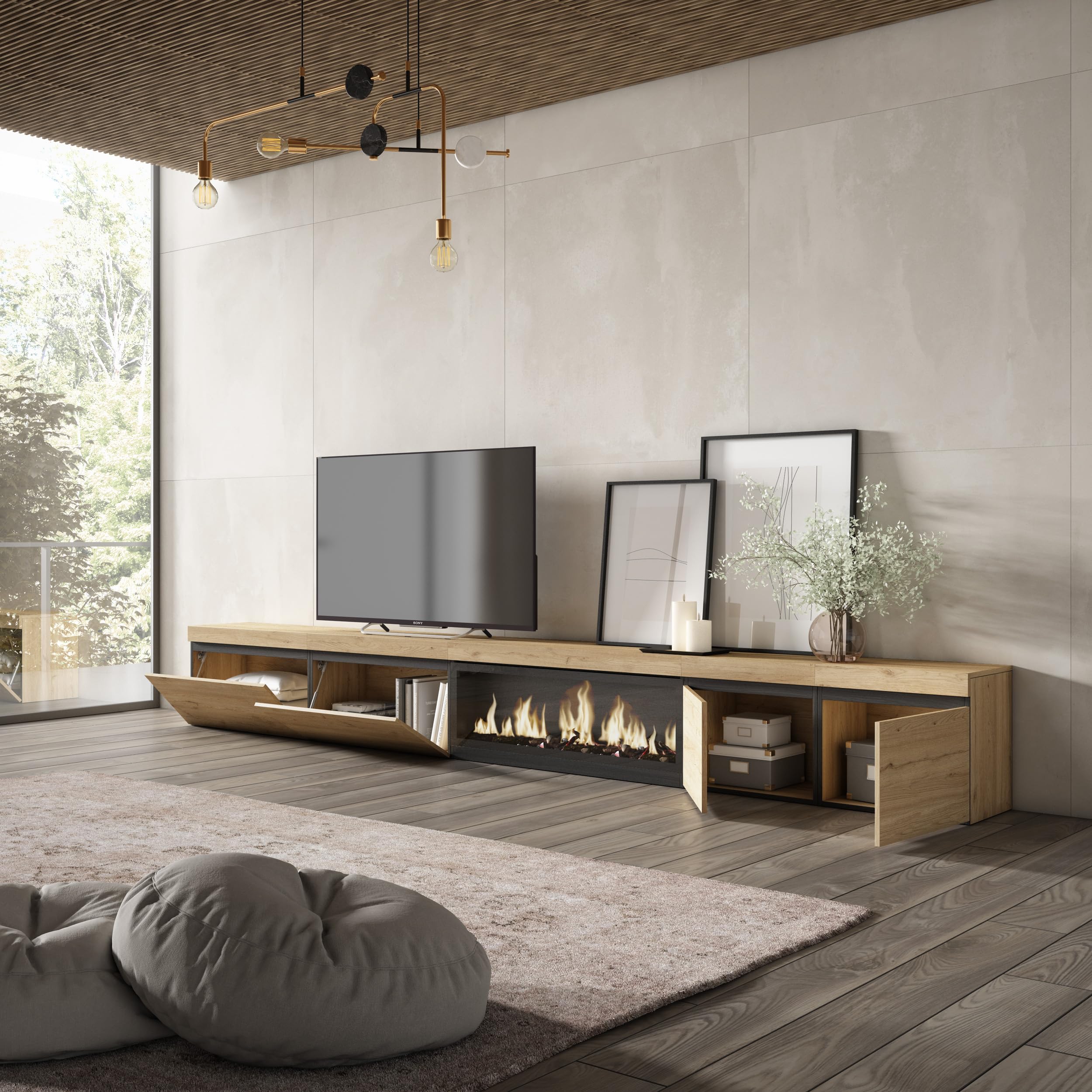 Skraut Home | Meuble TV | Banc Télé | Grand Espace de Rangement | 368x45x35 | Cheminée électrique XXL | Style Moderne | Chêne