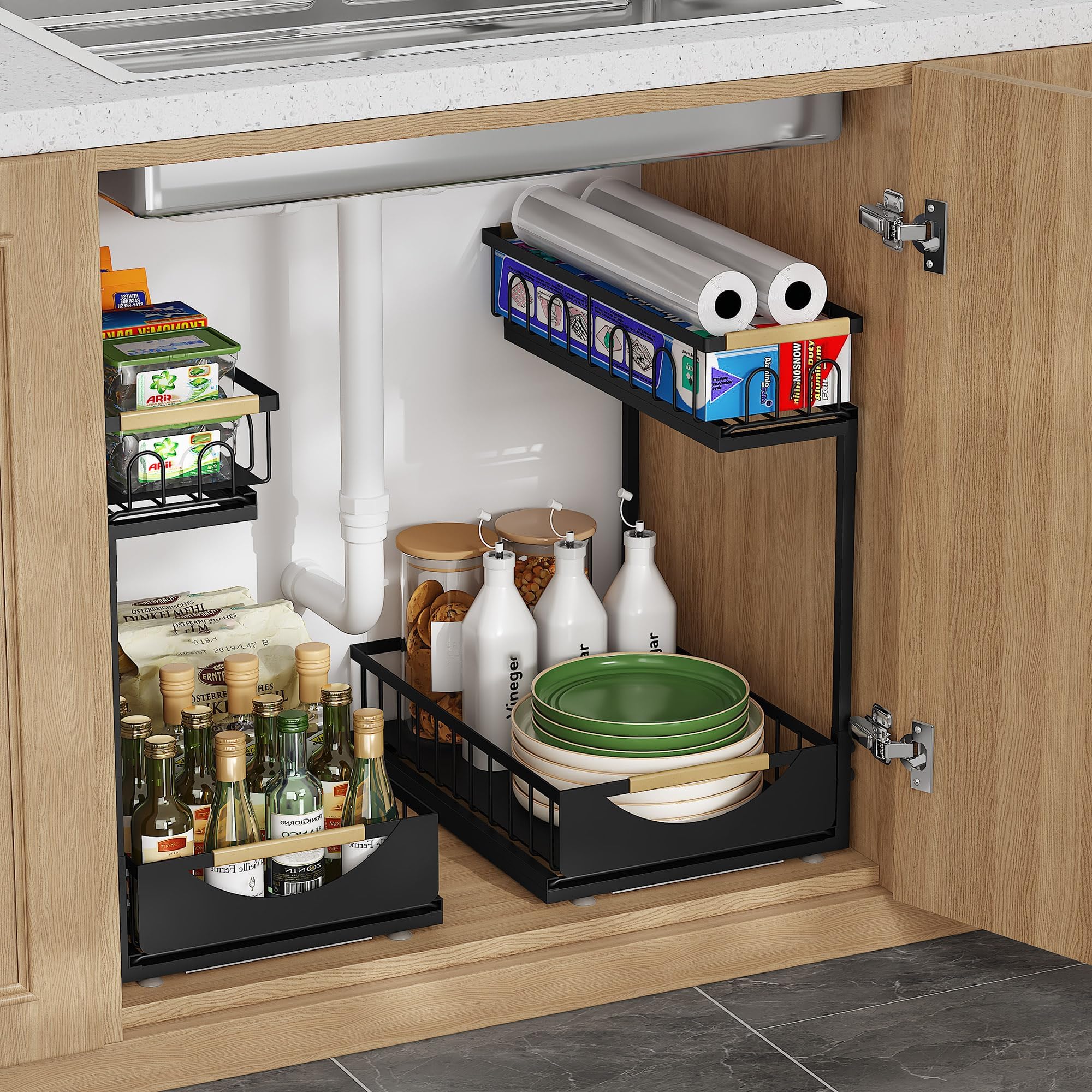 Fantasnight Kitchen Under Sink Storage Organiser - 2 Tier Metal Undersink Organisation for Cupboard - 2 Pack Black