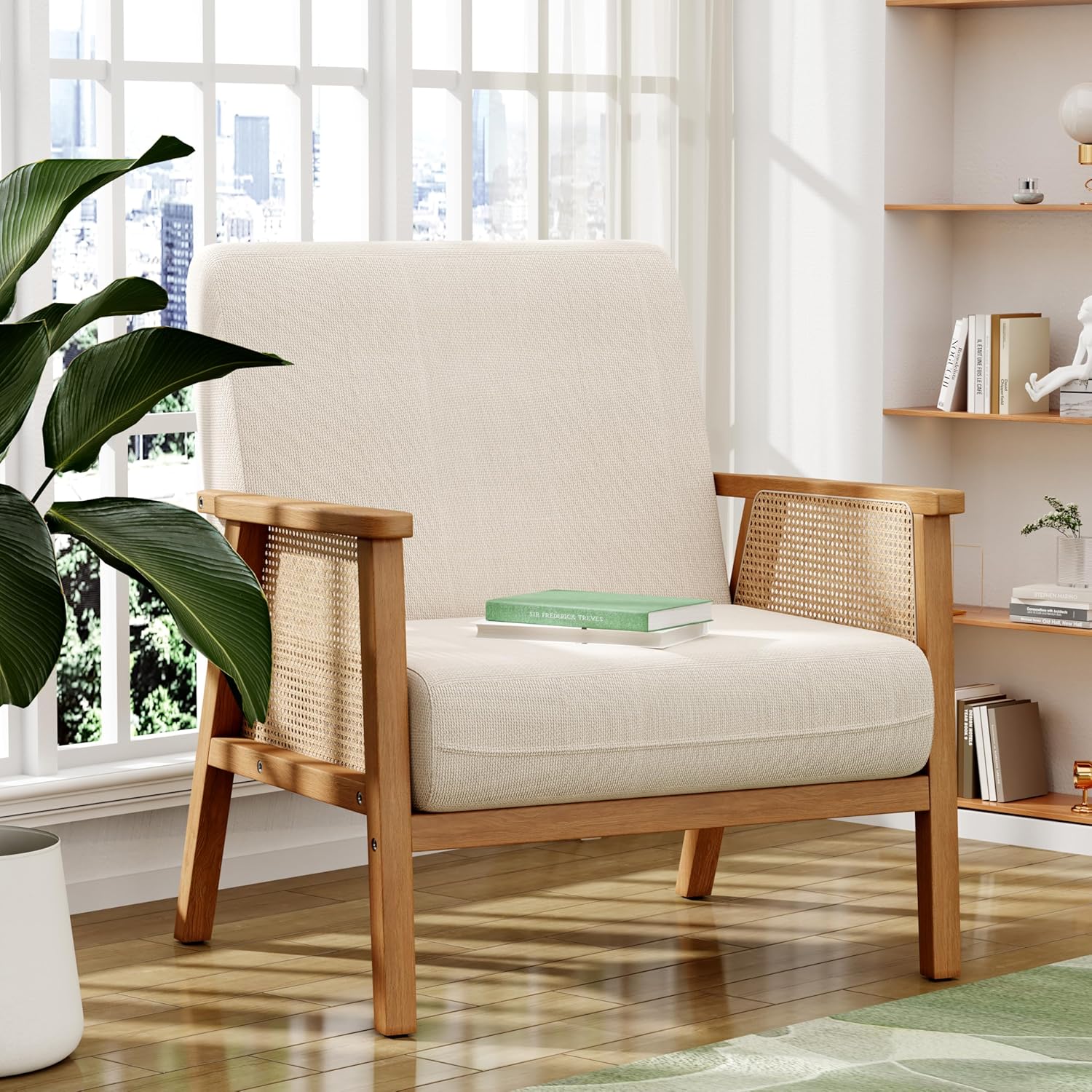 ALISH Mid-Century Modern Accent Chairs, Upholstered Living Room Chairs Armchairs with Rattan Arms and Wooden Legs for Living Room, Bedroom (Beige, Set of 1)