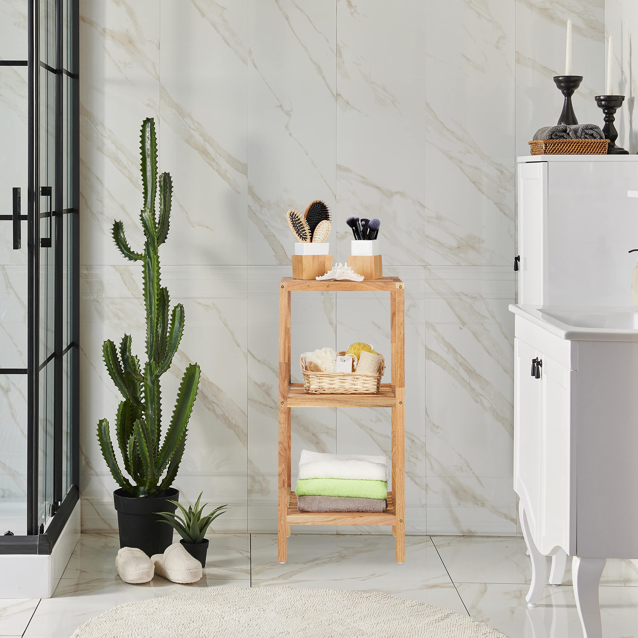 Relaxdays Scaffale da Bagno in Legno di Noce, HLP: 79 x 36 x 36 cm, 3 Ripiani, Mobiletto Salvaspazio Cucina, Naturale
