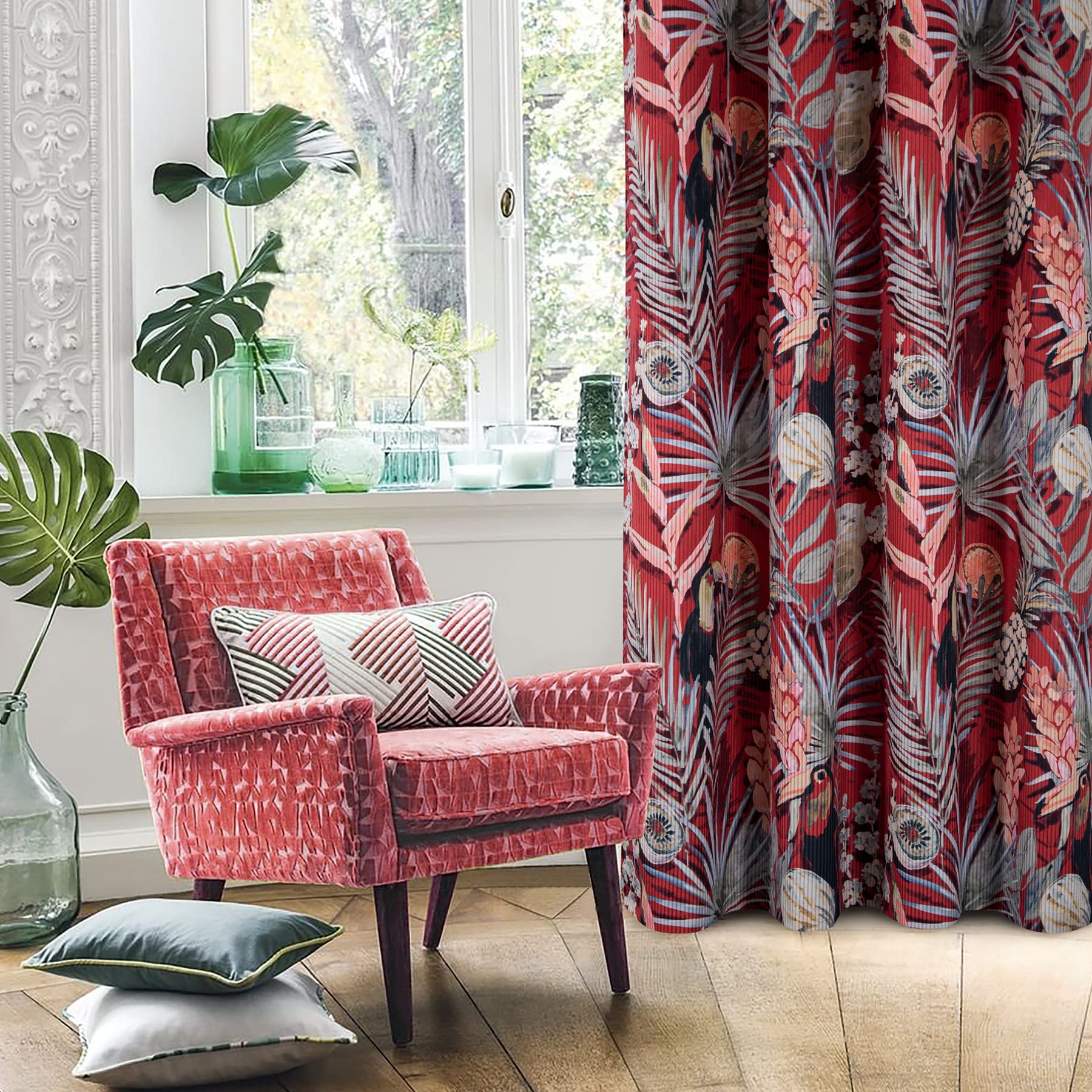 always4u Blackout Curtains For Living Room Velvet Birds And Tropical Plants Printed Treatments Eyelet Lined Window Drapes 2 Panels Red 90x90 Inches โ image 1