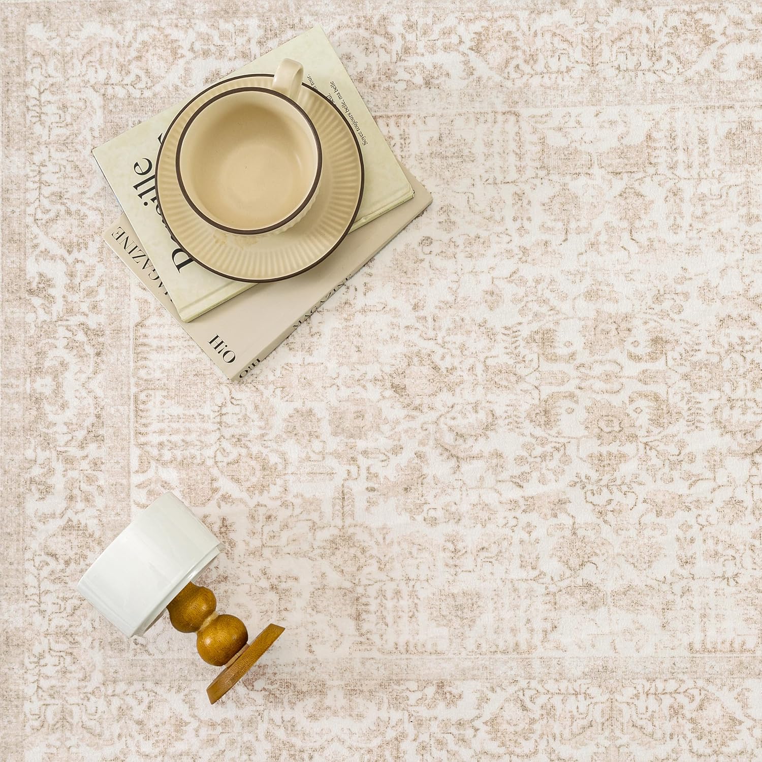 PureCozy Beige Area Rug 8x10 Machine Washable Large Vintage Living Room Distressed Non Slip Carpet Traditional Indoor Bedroom Retro Floral Accent Throw Rug for Office Kitchen Dining Room