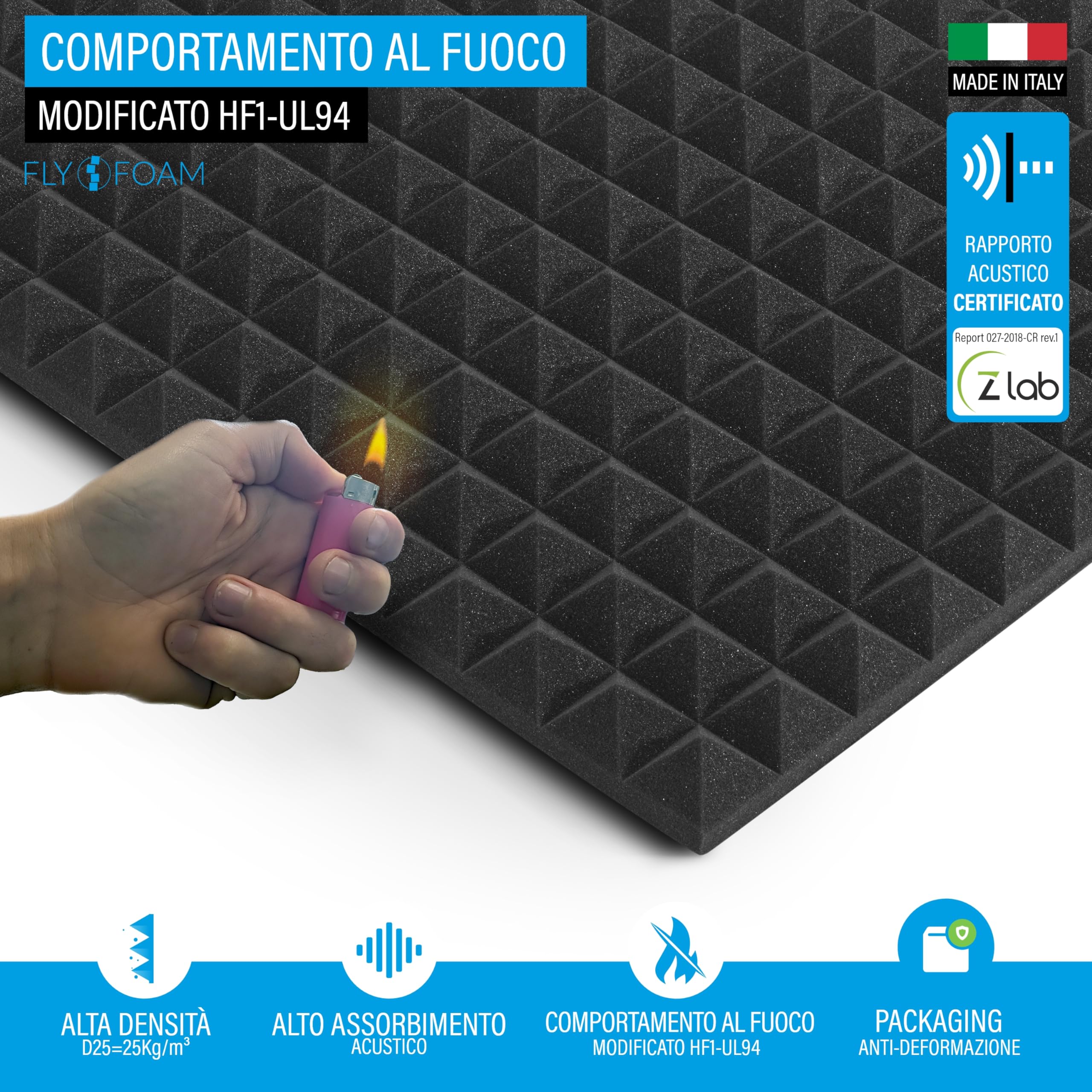 FLYFOAM | Pannello Fonoassorbente Piramidale in Poliuretano Espanso, 6 Pezzi da 100x100x5 cm, D25 con Comportamento al Fuoco HF1-UL94, per Assorbimento e Isolamento Acustico, Made in Italy