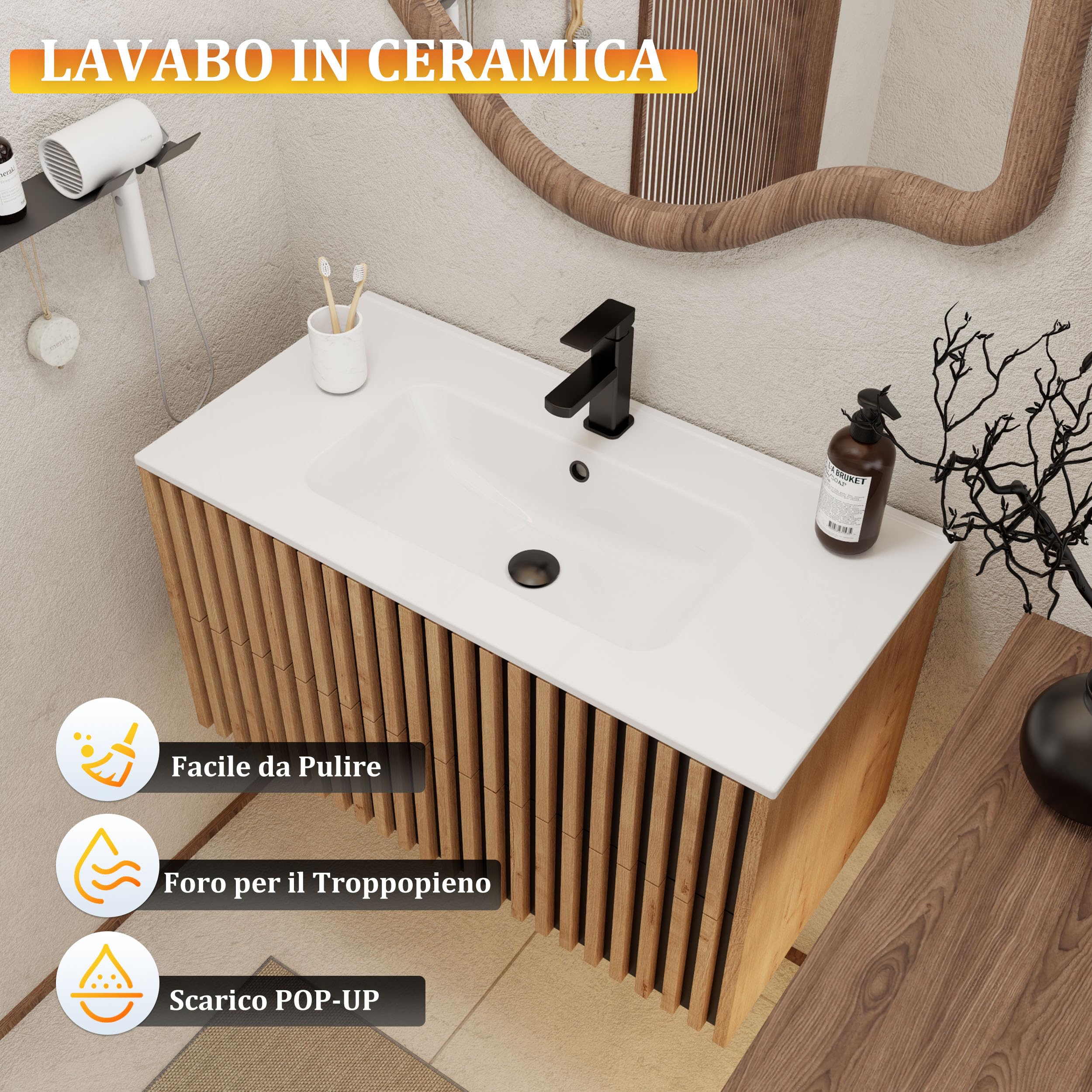 UEV Mobiletto Bagno Sospeso da 90CM con Lavabo in Ceramica, Mobiletti Lavabo Incluso con 2 Cassetti da Archiviazione, Lavadino Bagno con Mobile Moderno e Pratico, Bianco Avorio