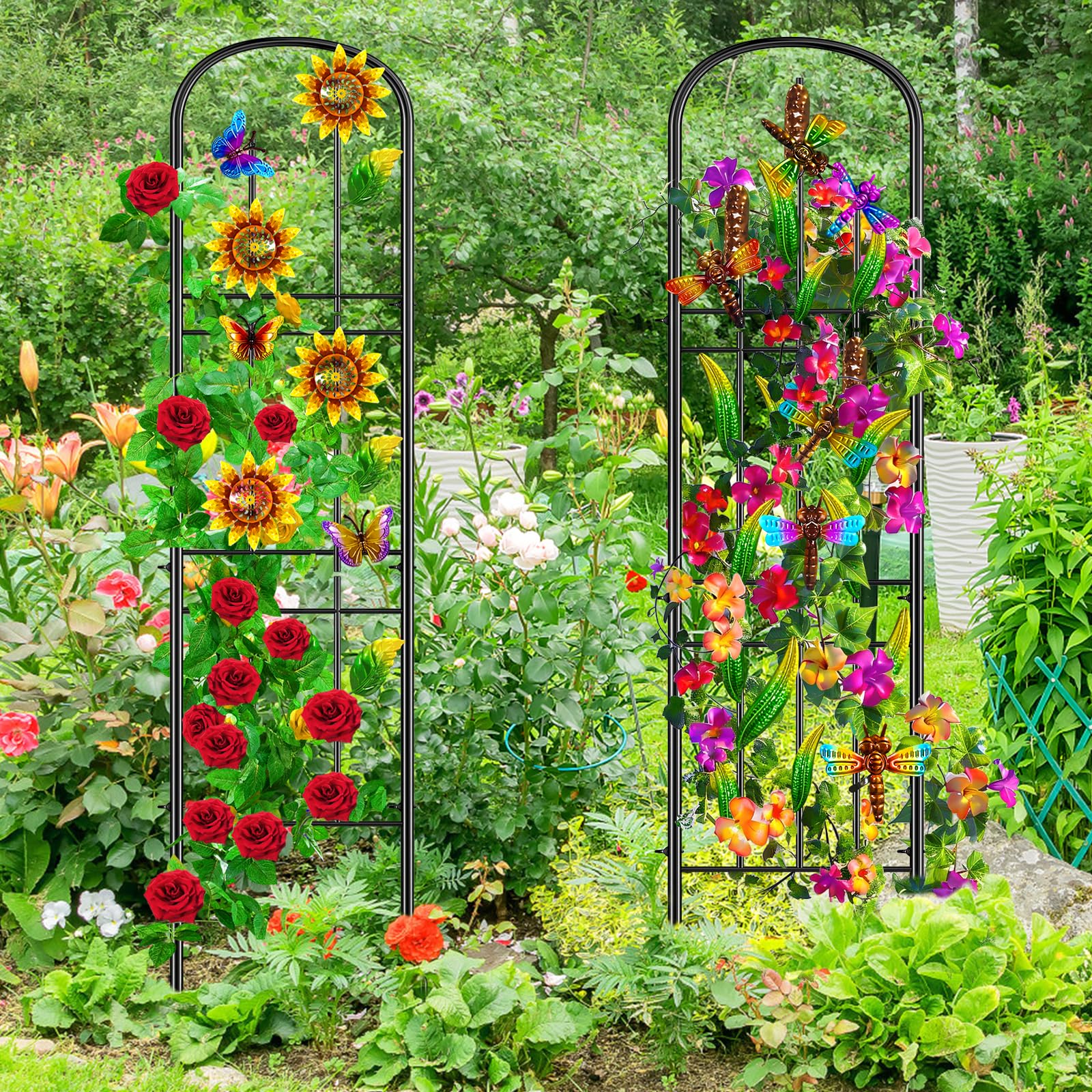 Lot de 2 treillis de jardin en métal autoportants à planter - Décoration de jardin - Treillis de jardin - Tuteur pour roses, fleurs et plantes grimpantes - 151,5 x 28 cm (tournesols)