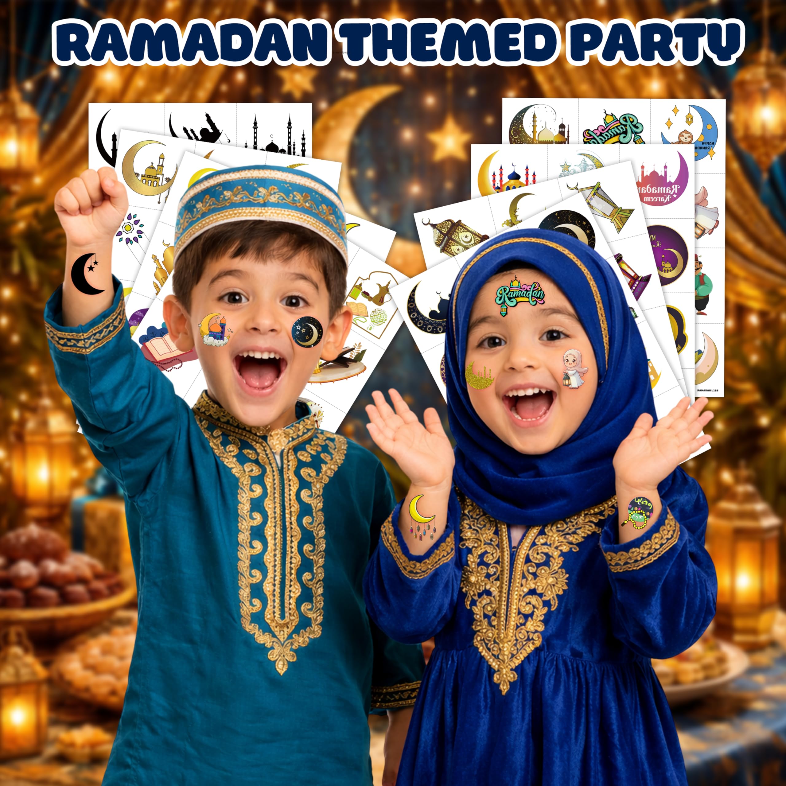 96 PCS Funny Happy Eid Al Adha Ramadan Kareem Mubarak Pre-cut Temporary Tattoos Sticker Birthday Moon Star Party Decorations Supplies Favors Boys Girl Cute Fake Tattoo School Reward Themed Festival