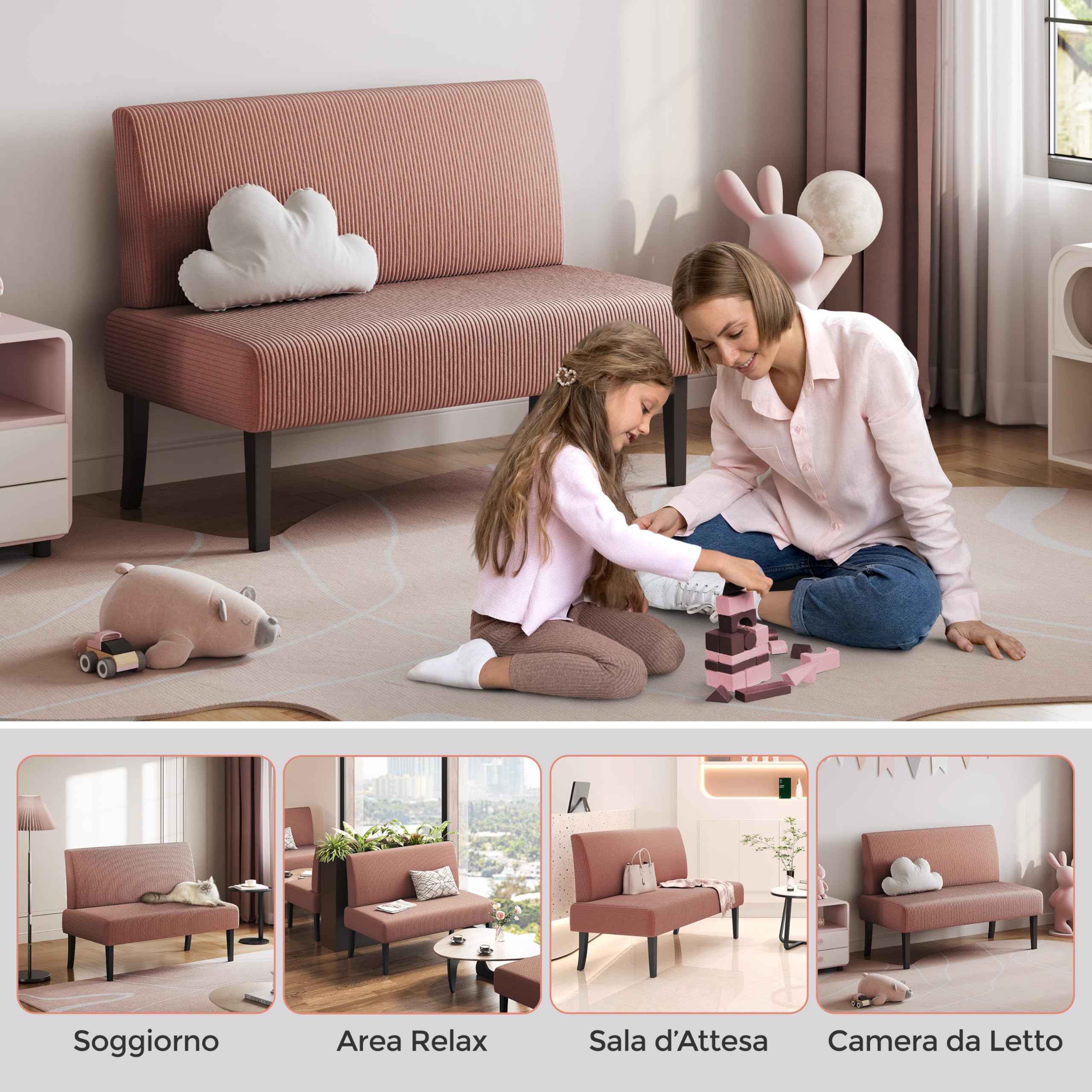 Yaheetech Divano a 2 Posti Moderno Divanetto da Salotto Senza Braccioli Sedia a Coste con Gambe in Legno per Soggiorno Ufficio 109,5 × 62 × 84,5 cm Rosa