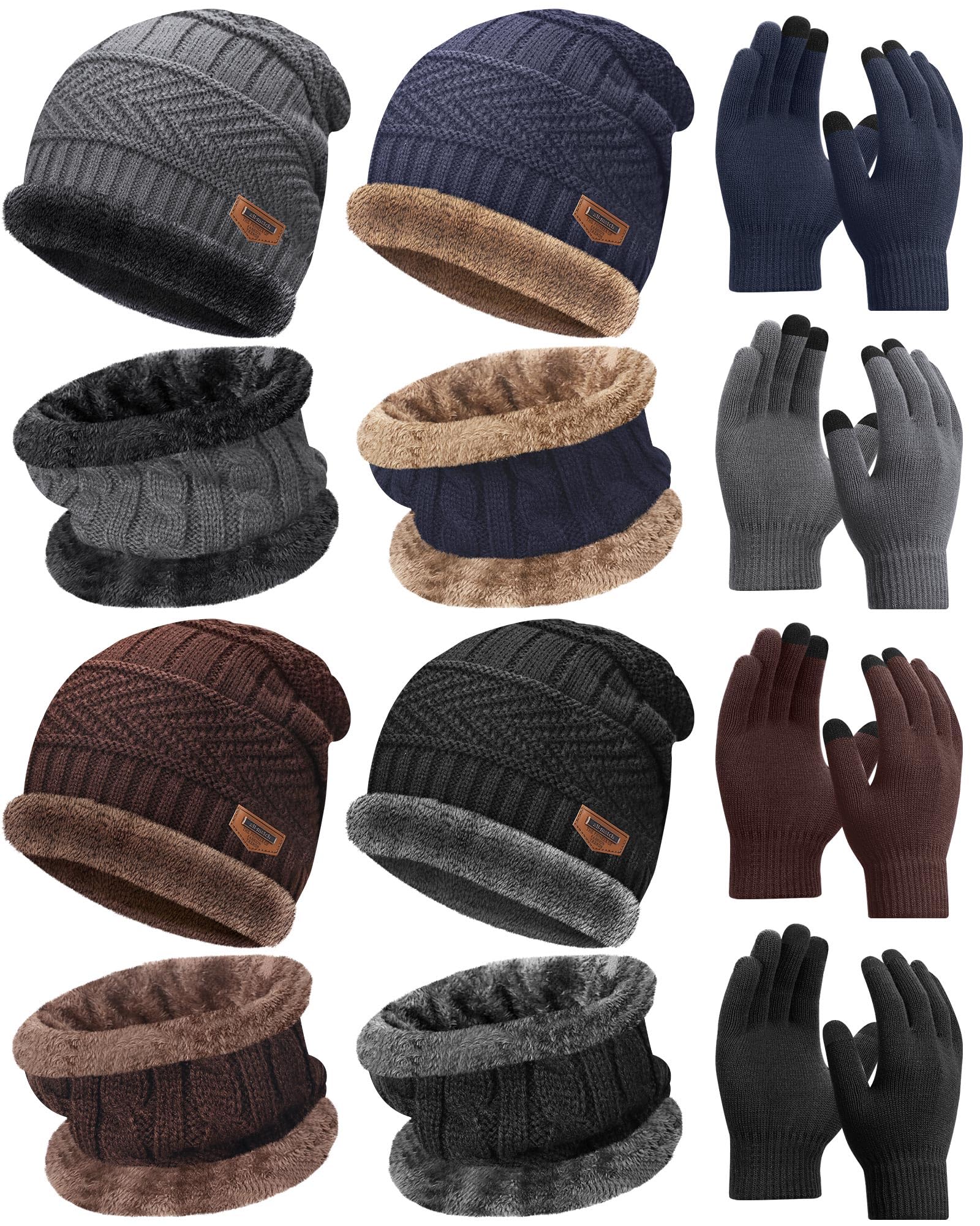 Liitrsh Wintermütze, Handschuh-Schal, Sets für Kinder, inkl. Strickmütze, Beanie, winddicht, Totenkopfkappe, Touchscreen-Handschuhe, Halswärmer, kaltes Wetter, Sets für Jungen, 5–14 Jahre, 4 Stück