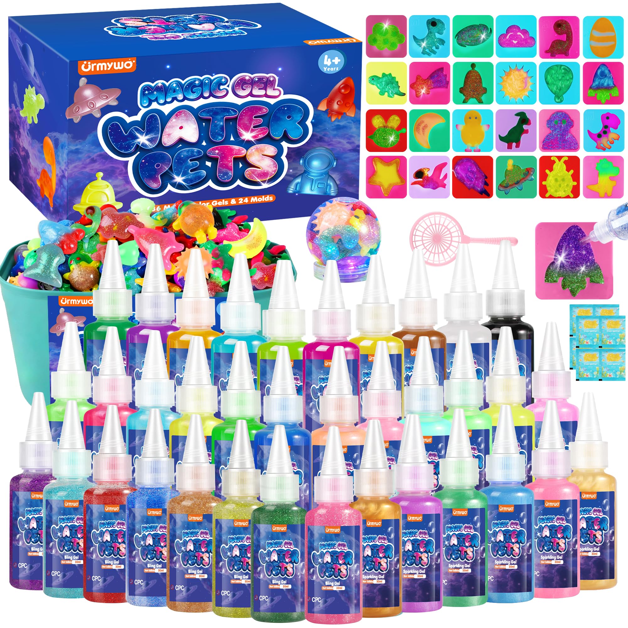 URMYWO Magic Water Elf Toy Kit, DIY 3D Magic Gel Pet Toy Set, 36 Gels & 24 Molds,Easter Gifts Craft & Art Kits for Kids 4 5 6 7 8 9 10 Years Old Space & Dinosaur Themes