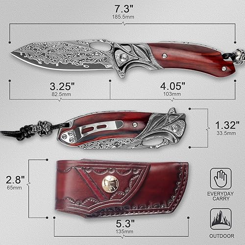 Miniatura 2 de VNLA Exquisito cuchillo de bolsillo plegable de acero de Damasco Japón Praxis, cuchillo plegable de hoja VG10, con funda de cuero hecho a mano, clip