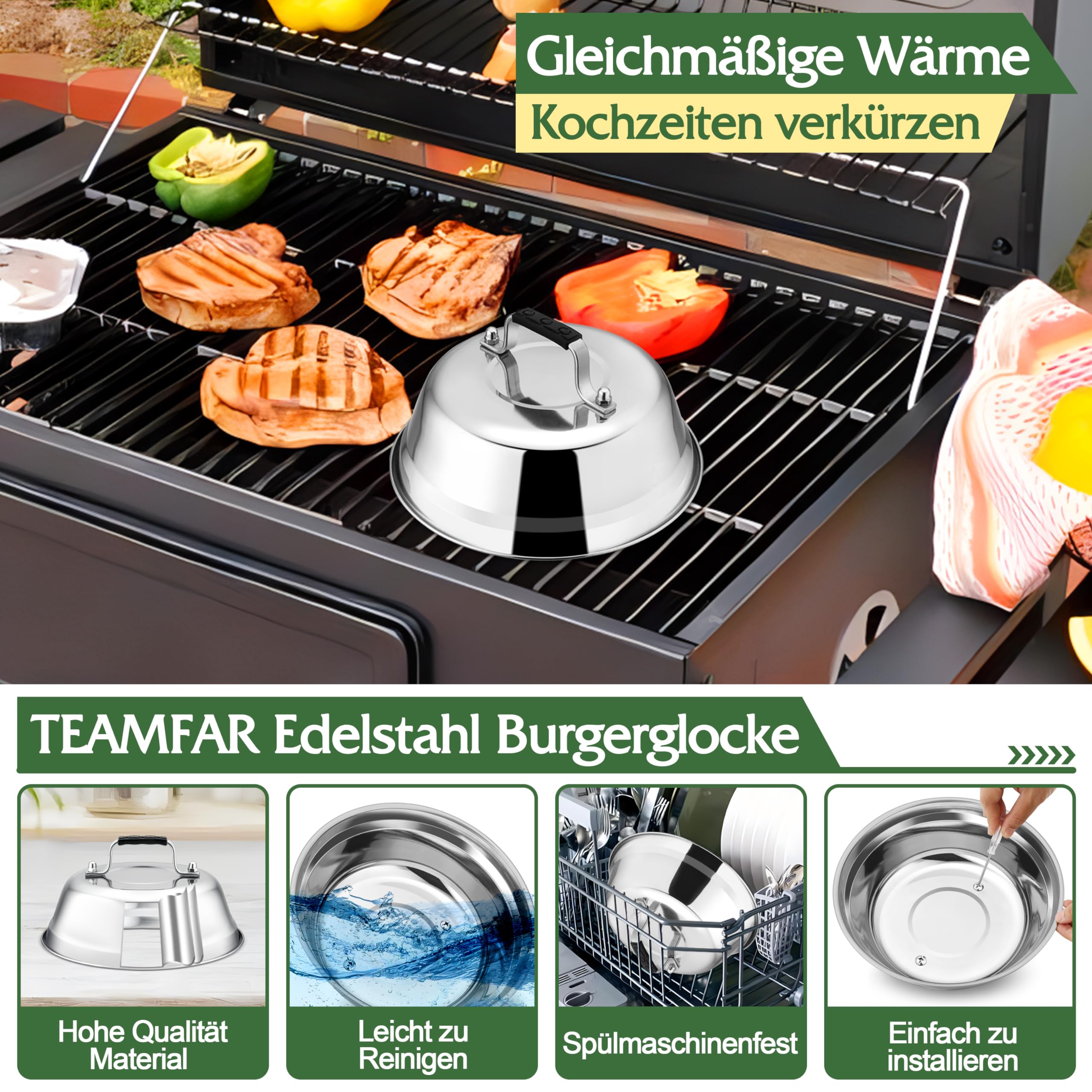 TEAMFAR Dzwonek do burgerów, zestaw 2 sztuk dzwonków do burgerów ze stali nierdzewnej, kopuły do burgerów z odpornym na wysokie temperatury uchwytem silikonowym, dzwonek do topienia, osłona do