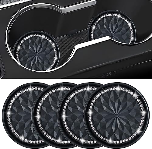 Amooca Posavasos para automóvil, 4 unidades, universales, antideslizantes, con diamantes de imitación, accesorios interiores de automóvil, flor negra