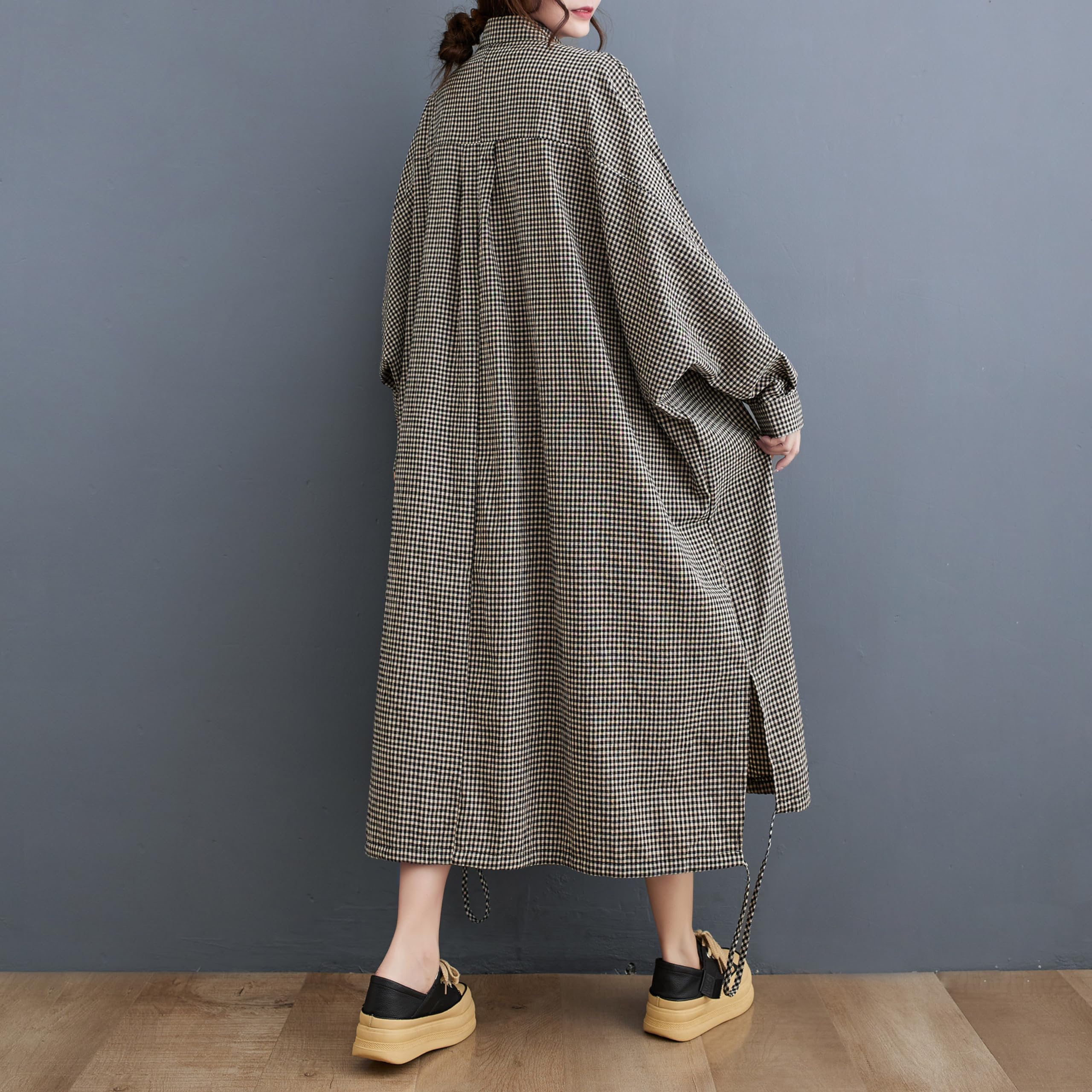 ellazhu Abito da donna casual a maniche lunghe abbottonato in cotone scozzese largo manica a pipistrello maxi camicia GA2710 A