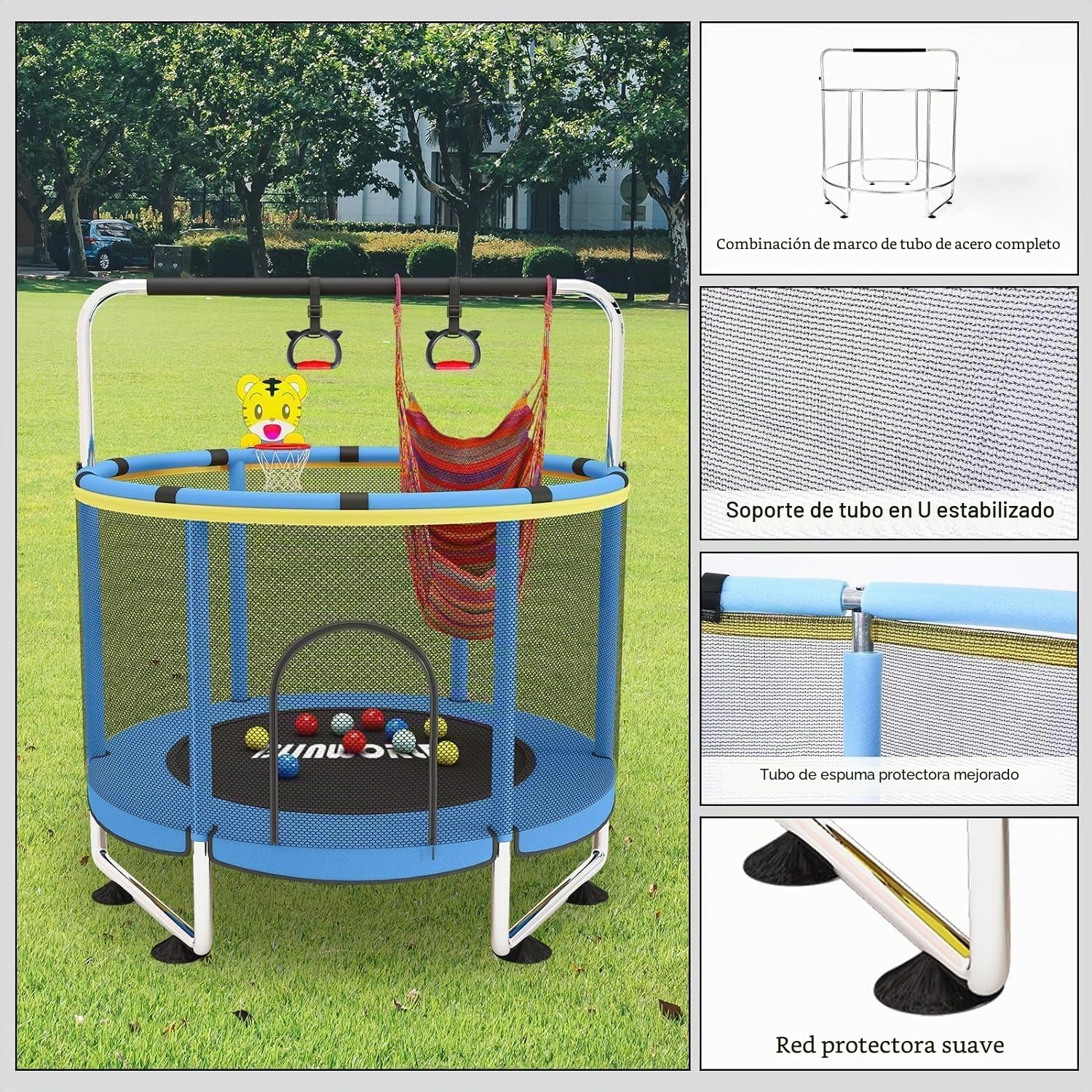 Trampolín infantil con barra de gimnasia – 140 cm Trampolín para niños pequeños, hasta 200 kg, con kit de juego y red de seguridad para interior y jardín