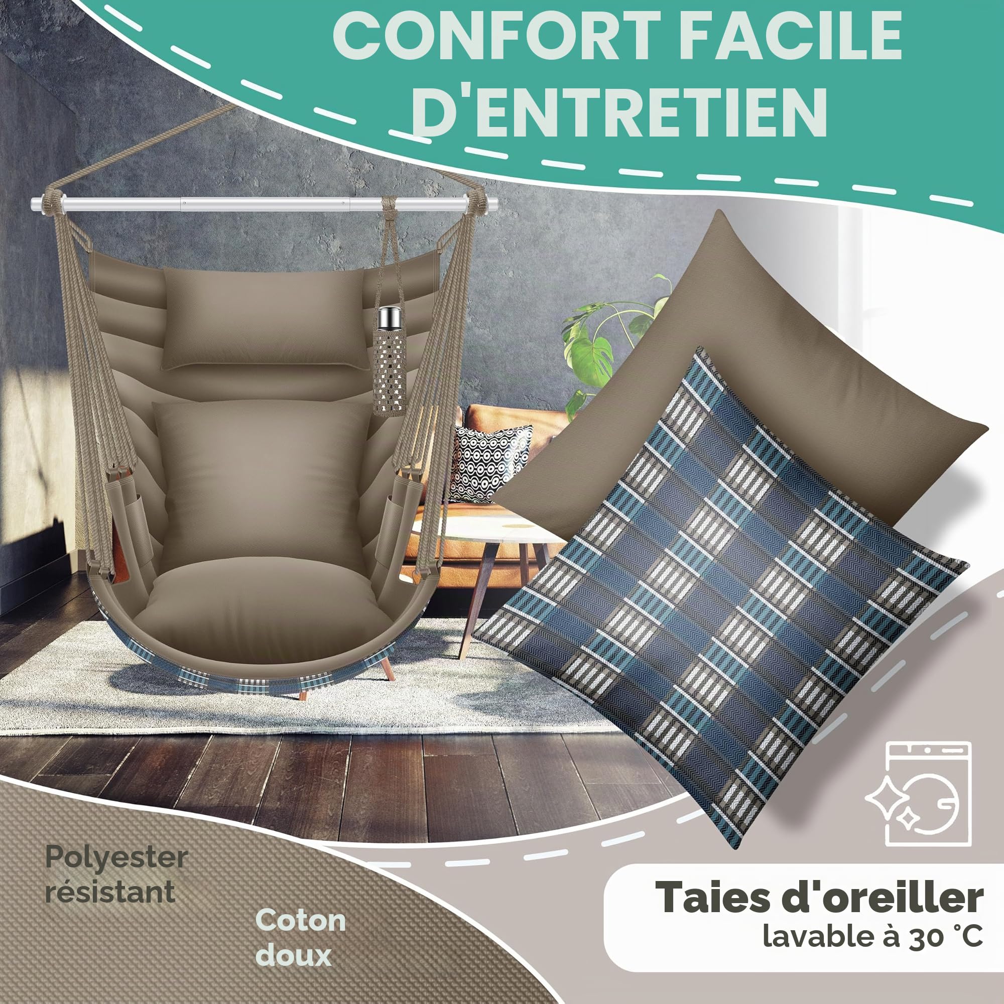 KESSER Chaise suspendue Haïti, capacité de charge de 150 kg, chaise suspendue rotative à 360°, balançoire suspendue intérieure extérieure résistante aux UV et imperméable, facile à entretenir, avec