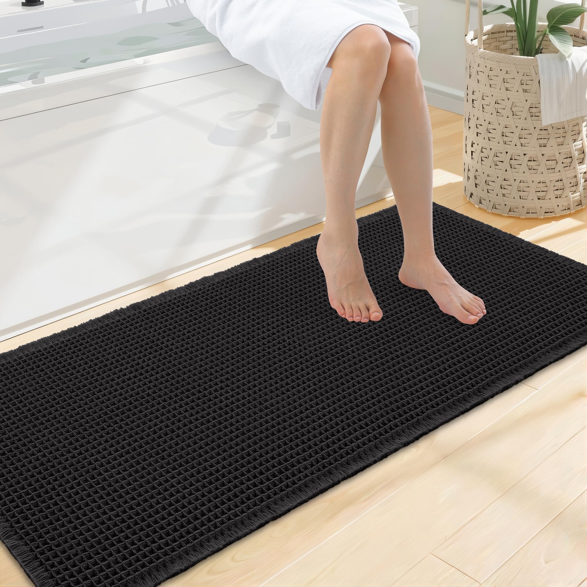 Smiry Waffle Bath Mat 47X20, Extra Soft Absorbent Bathroom Rugs, Black