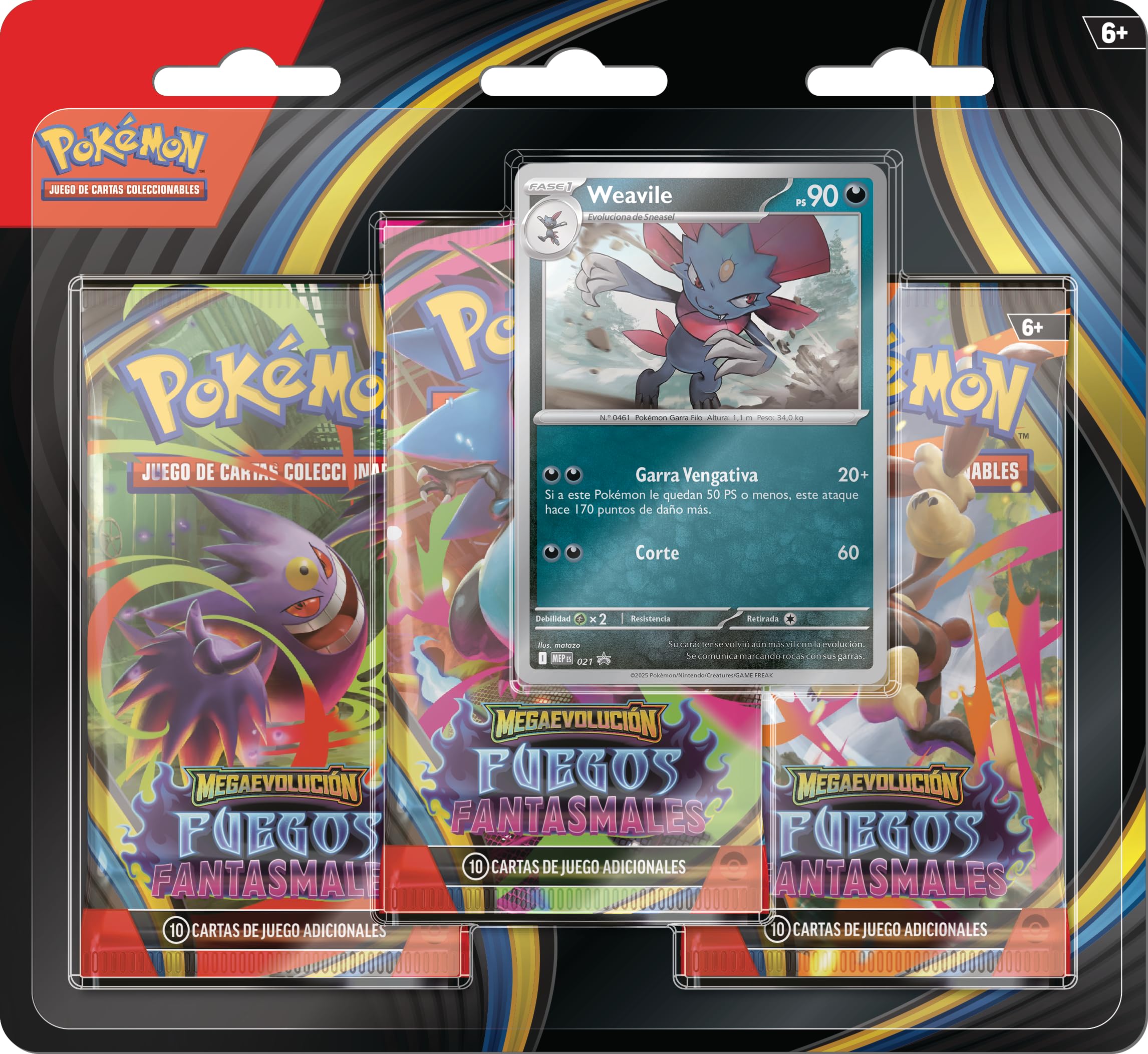 Pokémon: Blíster de 3 Sobres de Mejora de Megaevolución-Fuegos Fantasmales: Weavile de JCC Pokémon (1 Carta holográfica de promoción y 3 Sobres de Mejora)
