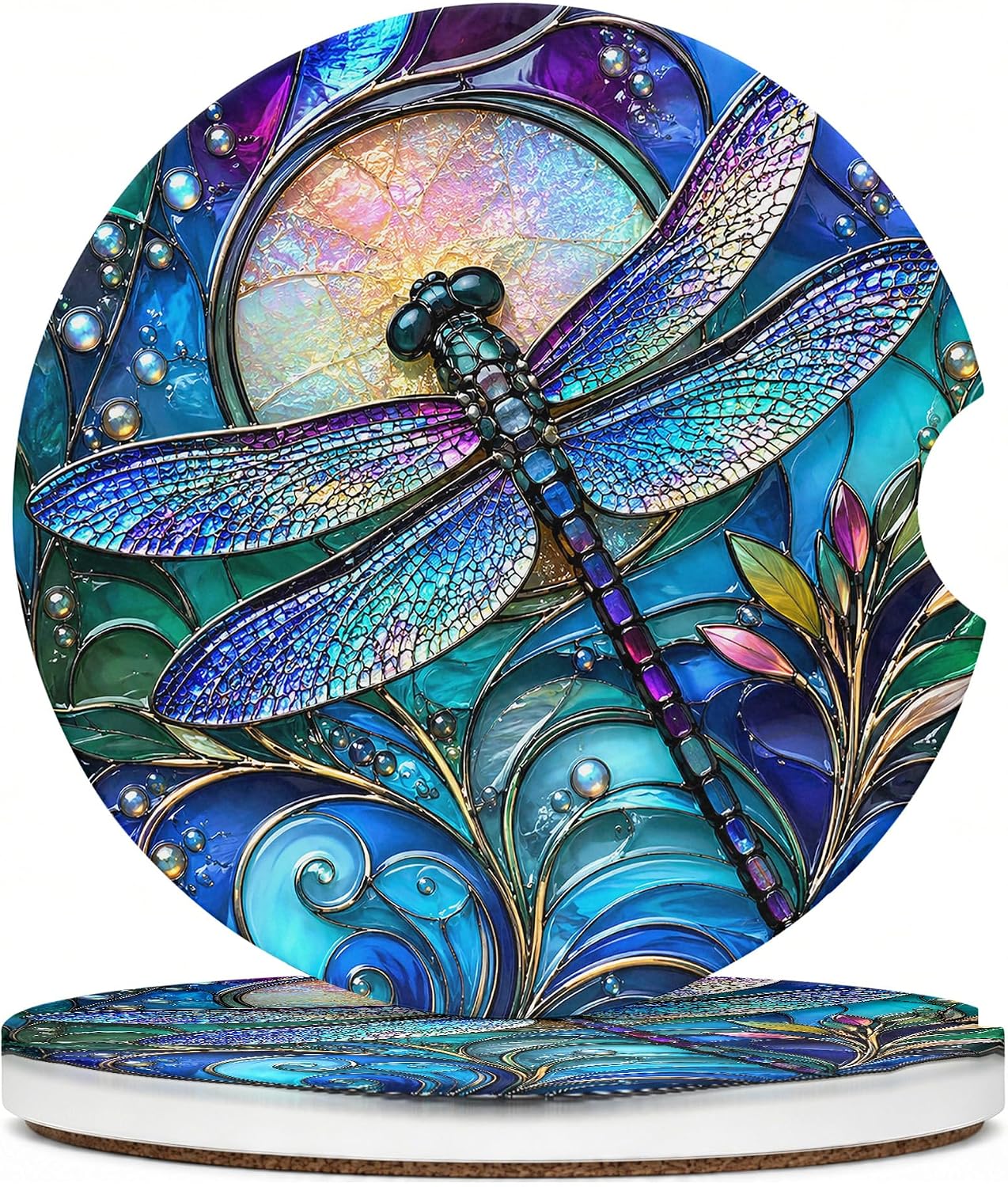 Dragonfly Car Coasters for Cup Holders, 2 Pack Absorbent Ceramic Car Cup Holder Coasters, 2.56" Universal Anti-Slip Cup Holder Inserts, Vintage Dragonfly Car Accessories Decor Gifts for Women