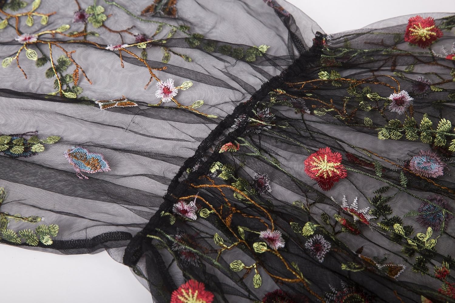 BaronHong Women's Floral Embroidered Tulle Prom Half-Sleeve V Neck Midi Dress with Waist Strap - Image 4