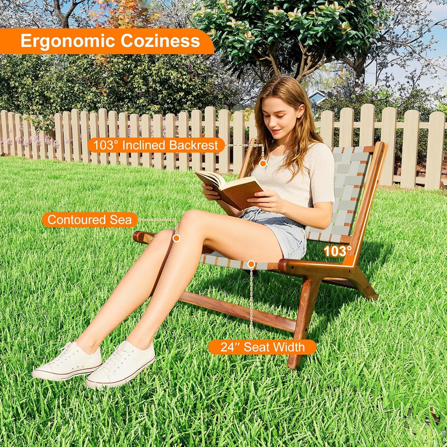 Tangkula Patio Teak Wood Chair Set of 4, Outdoor Mid-Century Accent Chair with Nylon Webbing Seat & Back, for Backyard, Porch, Balcony or Poolside