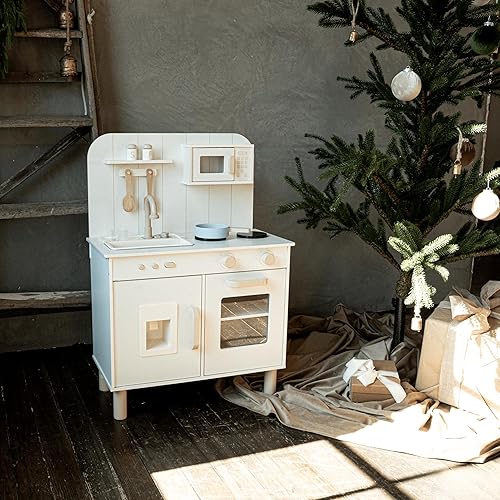 Miniatura 8 de Juego de cocina para niños pequeños, juego de cocina de madera con fregadero de agua corriente, espátula, cuchara y sartén, juguetes de regalo de