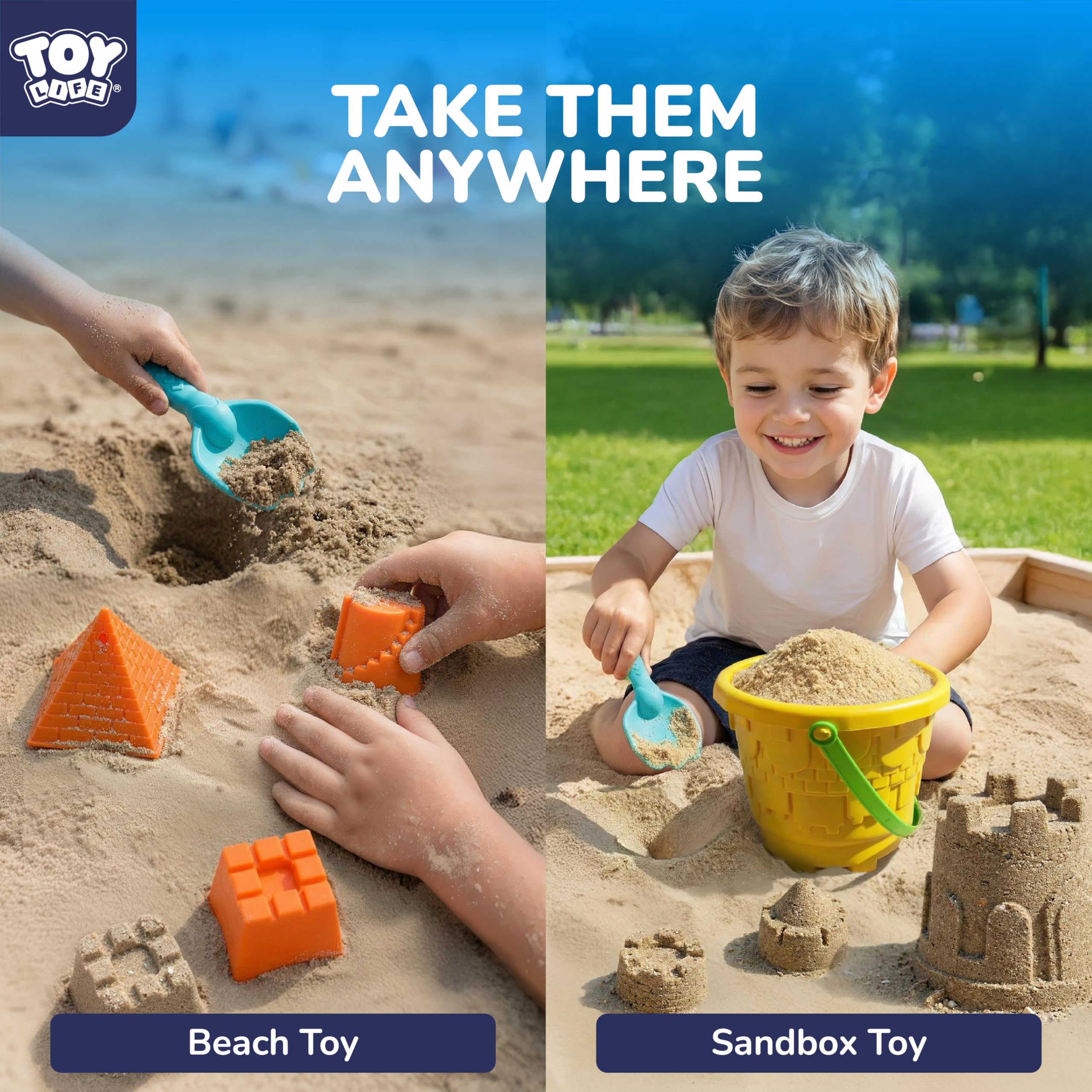TOY Life - Sandburg Eimer Set für Kinder, 2 Eimer mit Netzbeutel, 6 Formen, 2 Schaufeln, bunte Strandspielzeug aus Kunststoff zum Spielen im Sommer