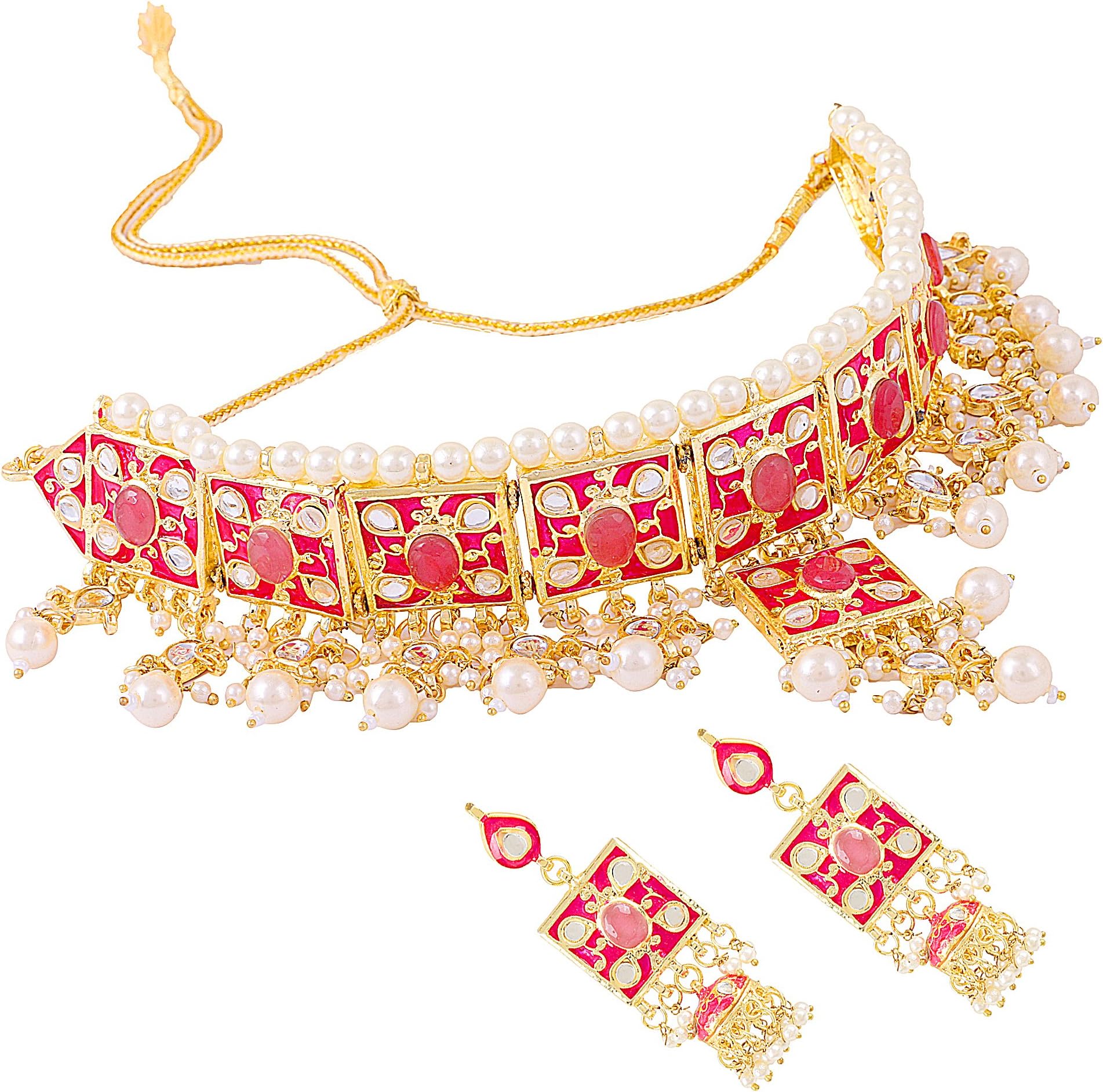 Quail Real Meenakari Jaipuri Choker Rani Padmavati Kundan High End Gold Plated Fancy Party/Wedding Wear Kundan Beaded Necklace Set for Women Traditional