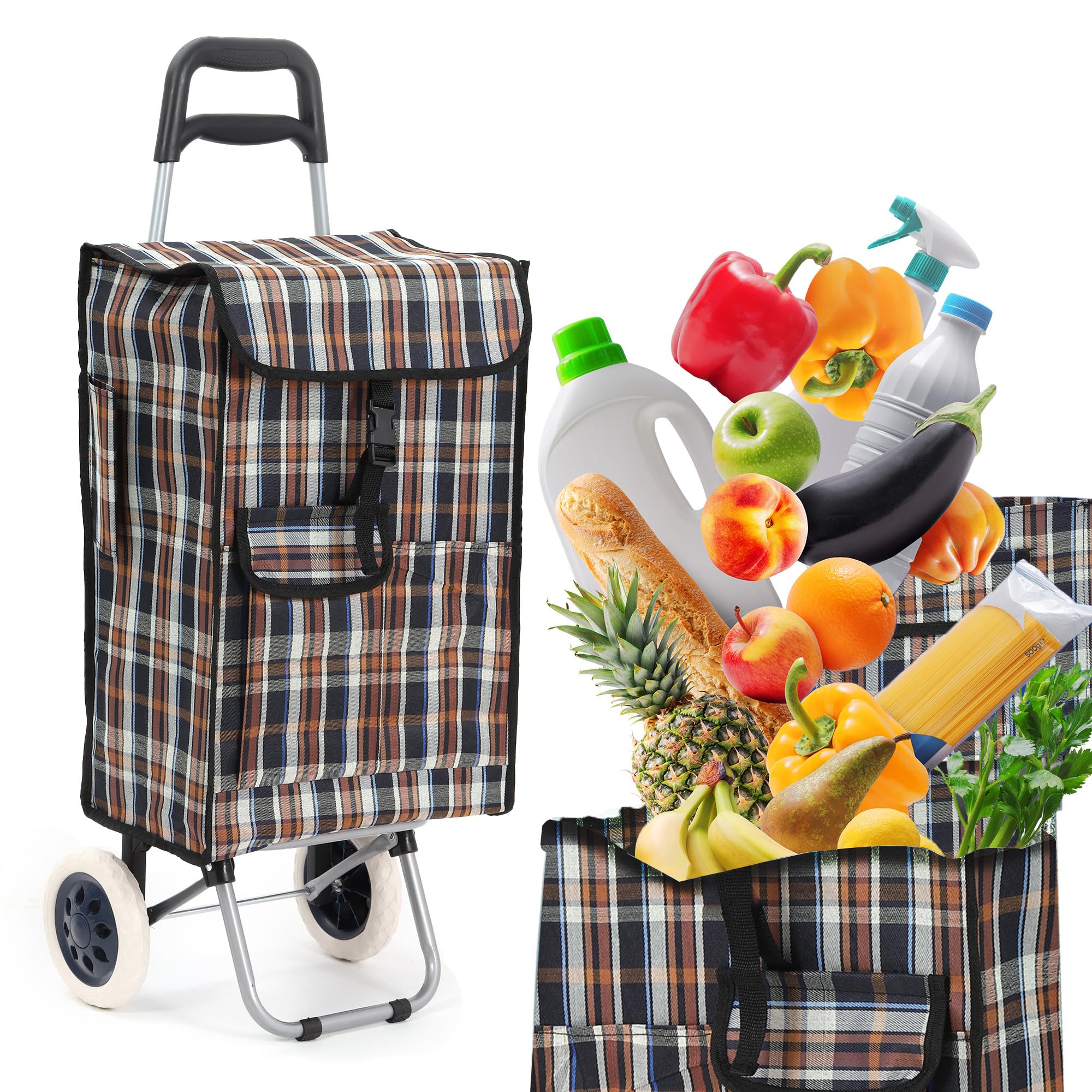 Carrello per la spesa pieghevole ultra leggero blu per generi alimentari, grande capacità 42 l, ruote in gomma morbida, borsa rimovibile, carrello