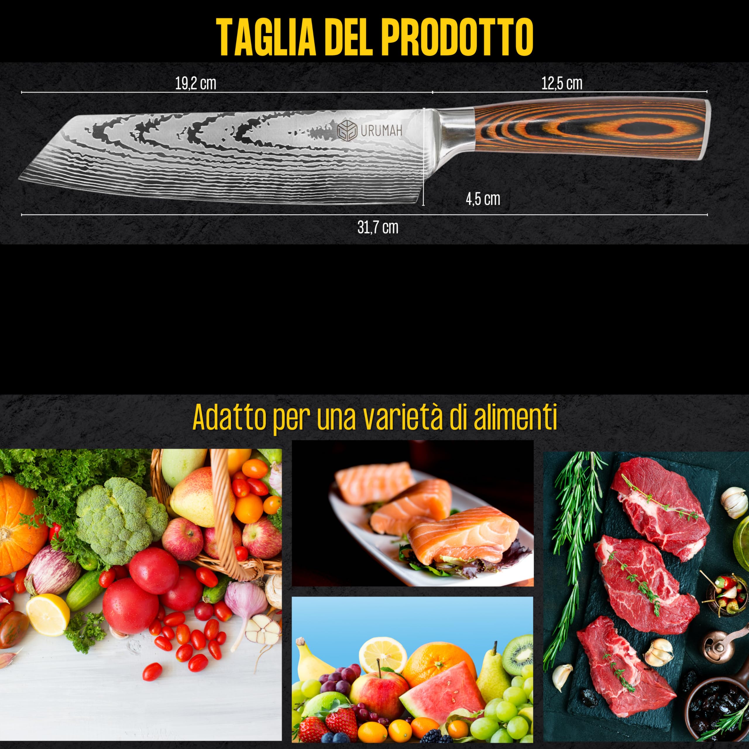 URUMAH Coltello Kiritsuke in acciaio ad alto tenore di carbonio 7CR17MoV con impugnatura in legno. Viene fornita una bella custodia regalo e fodere protettive.