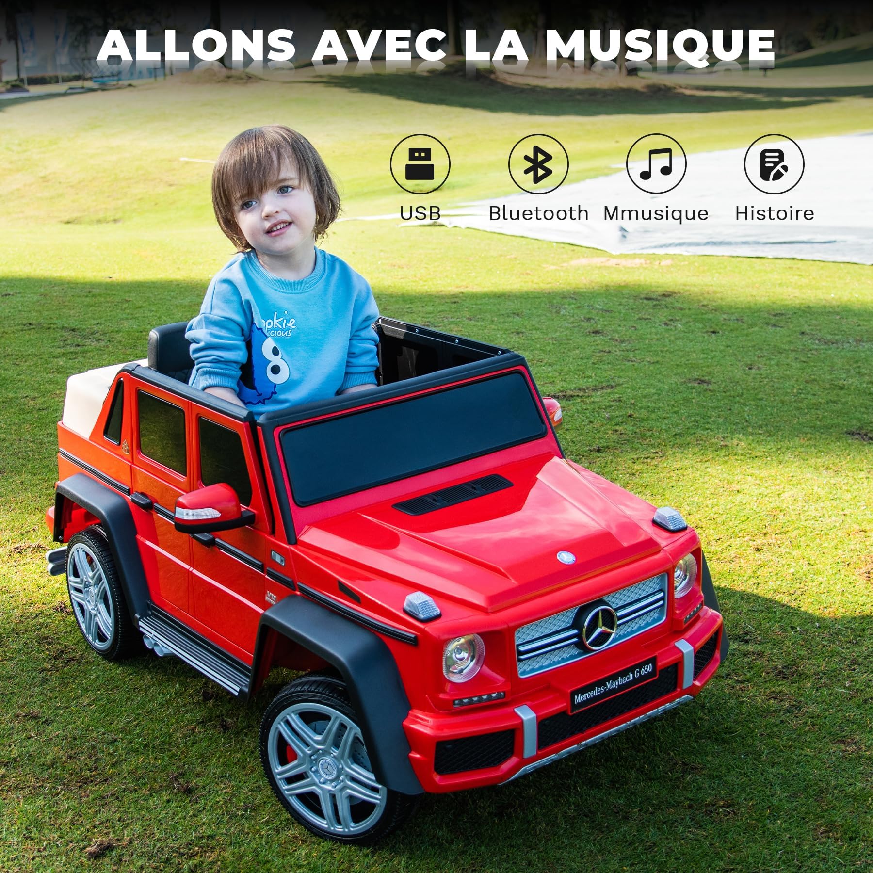 Kinder Elektroauto 12V Jeep mit Fernbedienung, LED Licht, Musik & USB,Rot