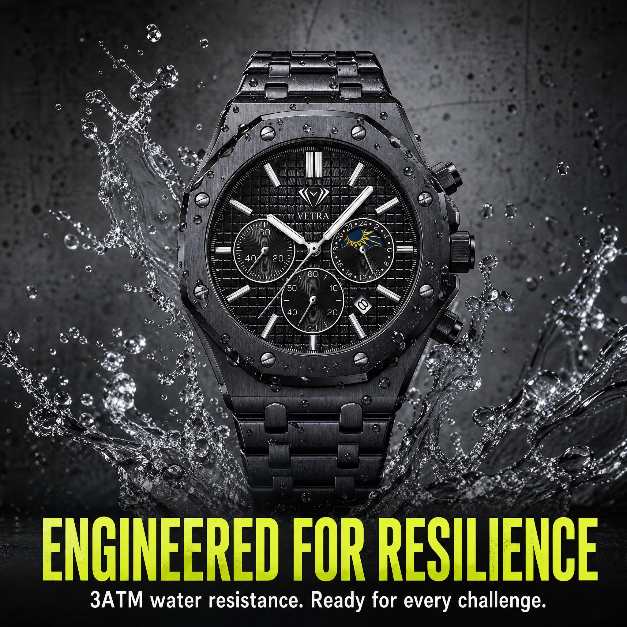 Vetra Orologi da uomo ottagonali di lusso multifunzione orologi per uomo analogico fasi lunari quadrante nero in acciaio inossidabile luminoso 30 m impermeabile data regalo per uomo Relojes para