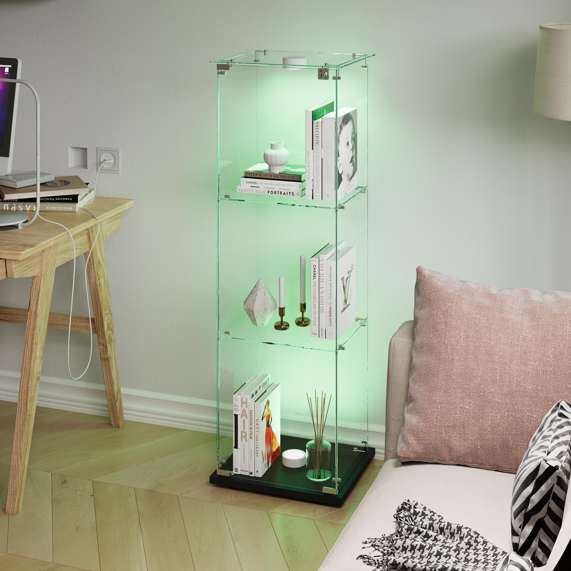 vitrina de cristal con LED, armario de colección moderno con 3 estantes 1 puerta, vitrina de pie para sala de estar, dormitorio, oficina, 123 x 40 x 35 cm (negro + puertas individuales + luces
