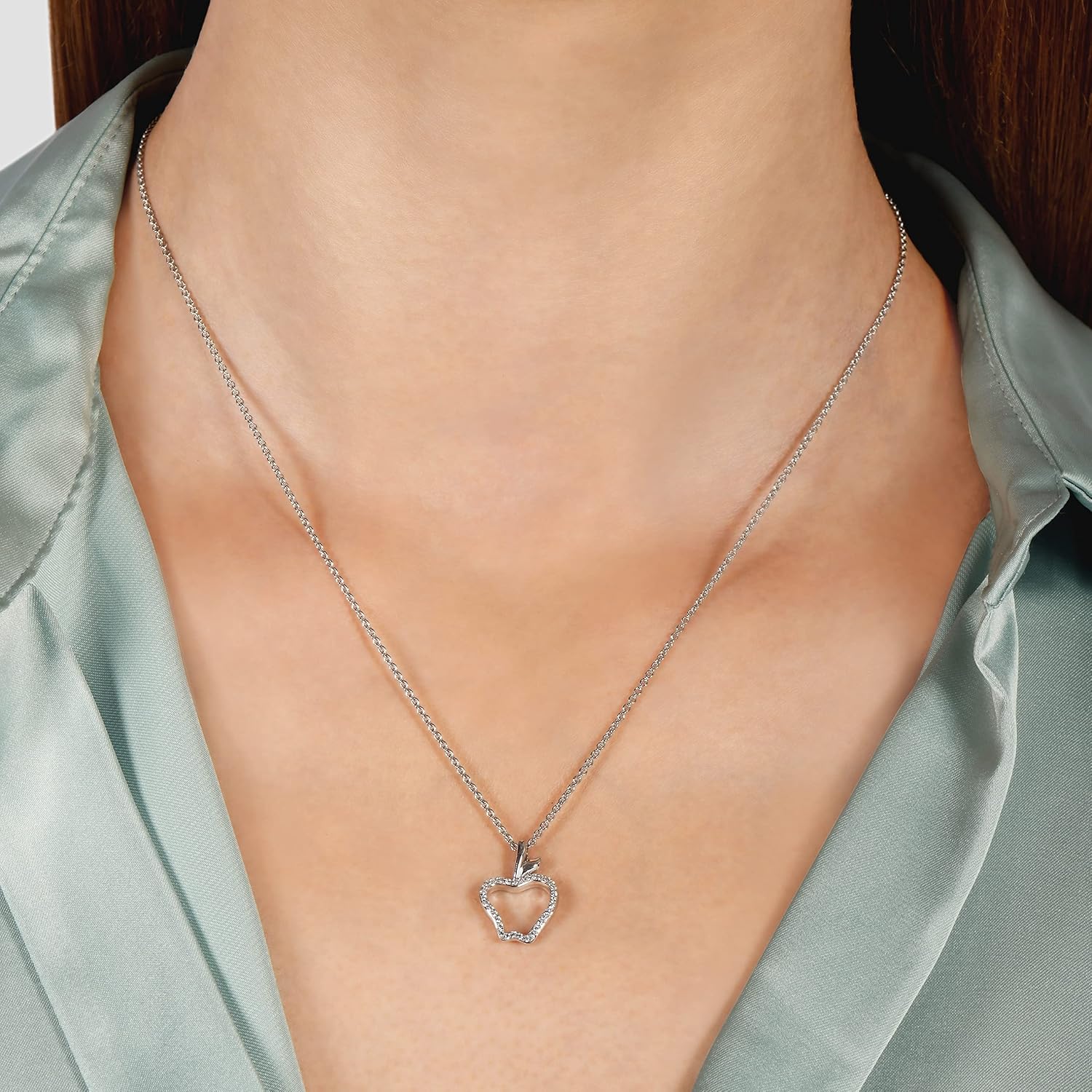 Jewelili Enchanted Disney Fine Jewelry Sterling Silver 1/10 Cttw Diamond Snow White Apple Pendant Necklace