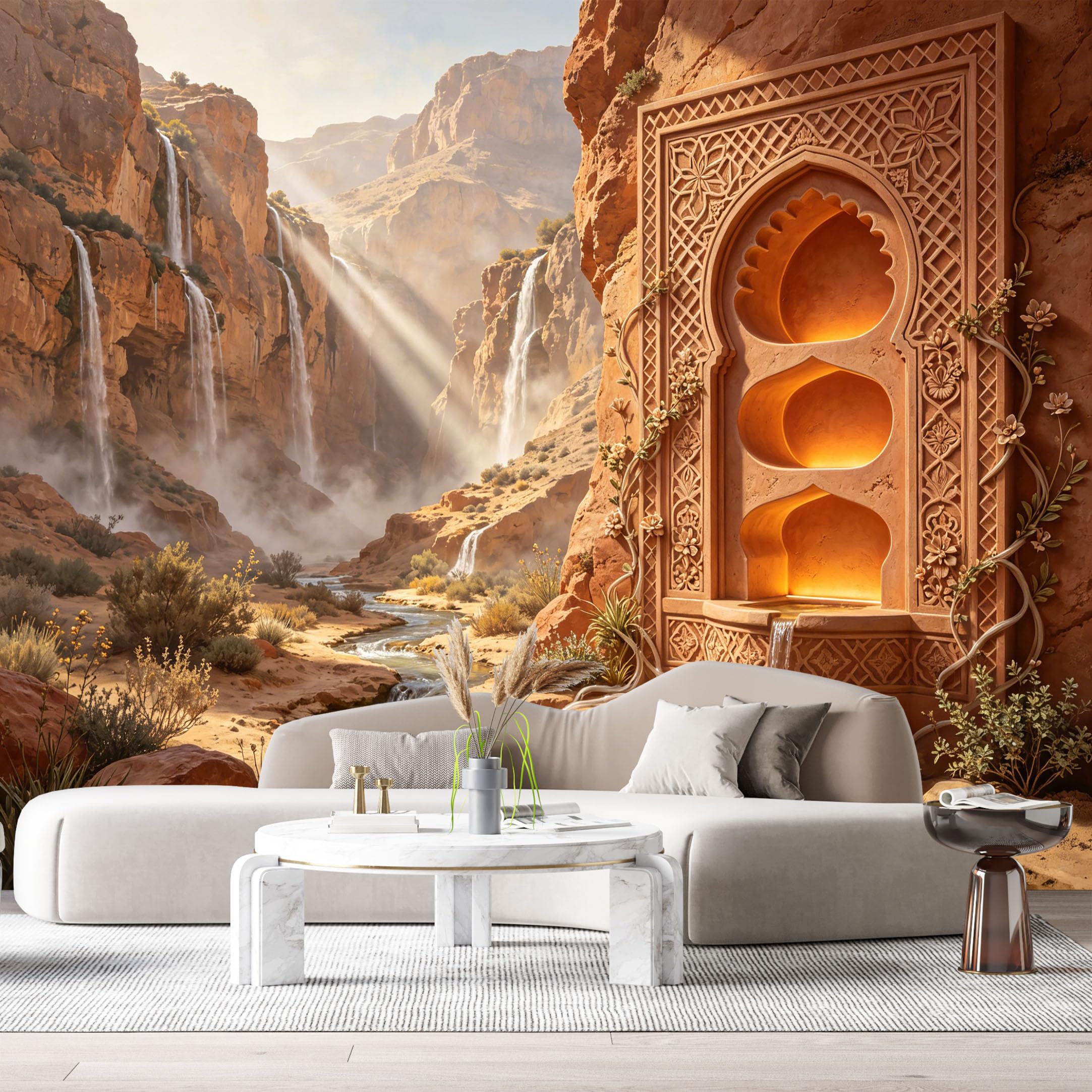 Custom Size Wall Murals Desert Oasis Architecture Waterfall Stream 3D Trompe L'Oeil SelfAdhesiveWall Fabric Removable Wallpaper Wall Decor for Living Room Bedroom Bathroom