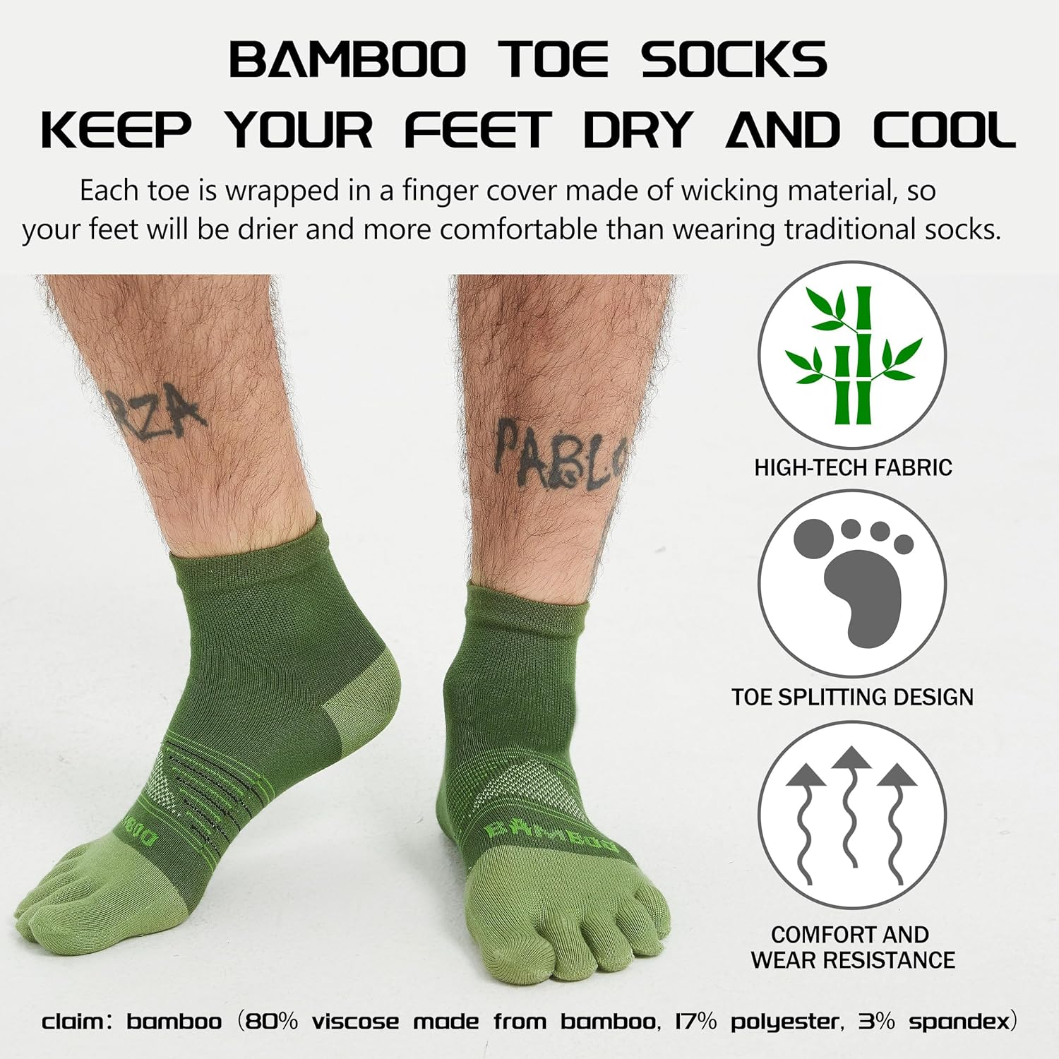 Sunew 3 Pairs Toe Socks for Men Women,Viscose Bamboo Breathable Athletic Running Five Finger Ankle/Quarter Socks - Image 5