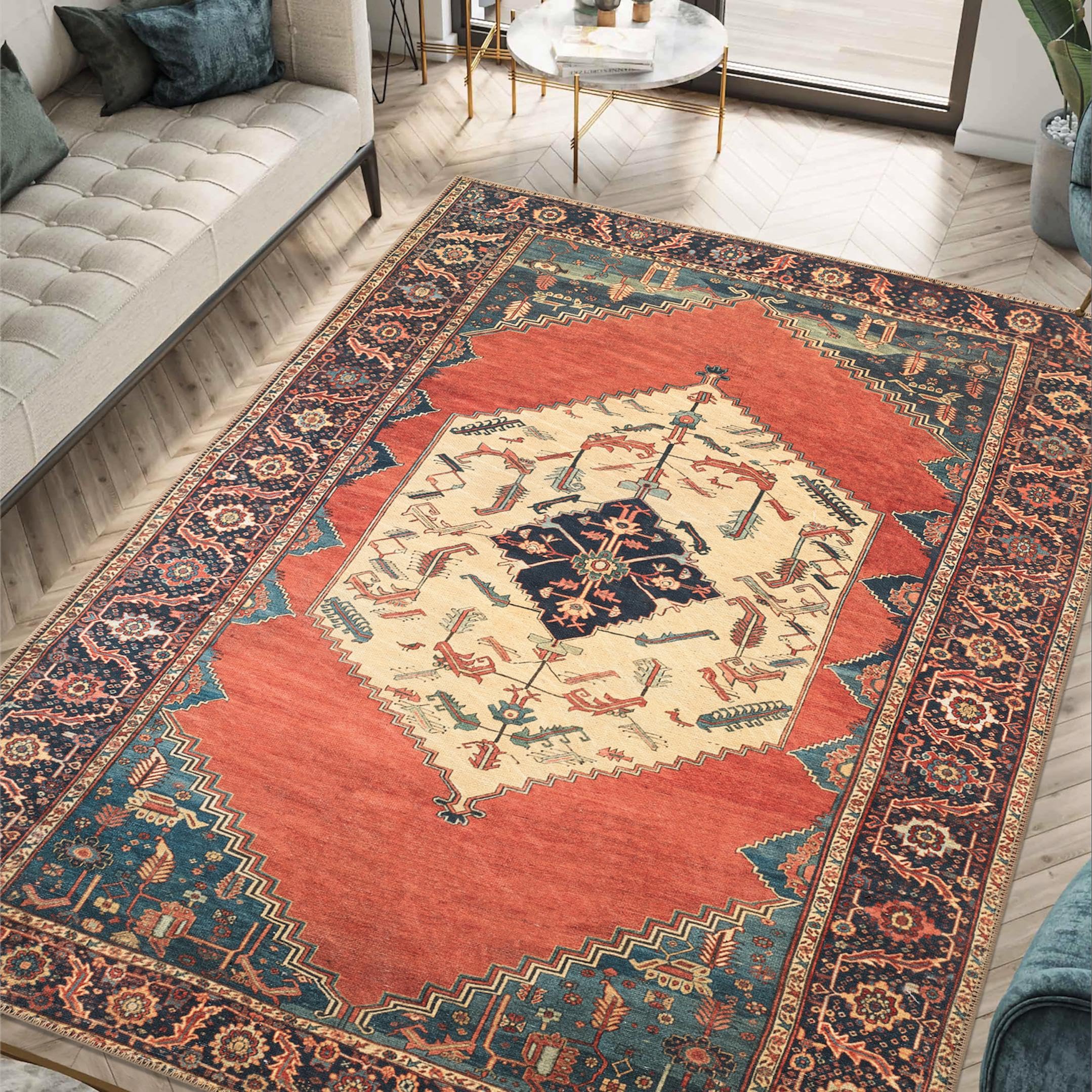 Keen Home Design 8x10 Rug - Machine Washable Area Rug with Non-Slip Backing, Ideal for Living Room, Dining Room, Bedroom - Vintage, Easy Clean,