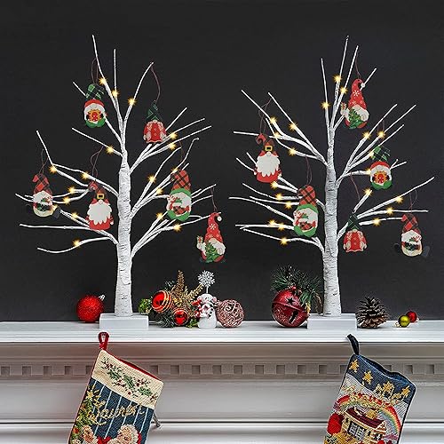 Juego de 2 decoraciones de Navidad para interiores árbol de abedul iluminado de 2 pies 24 LT con 12 adornos de gnomos de Navidad funciona con pilas