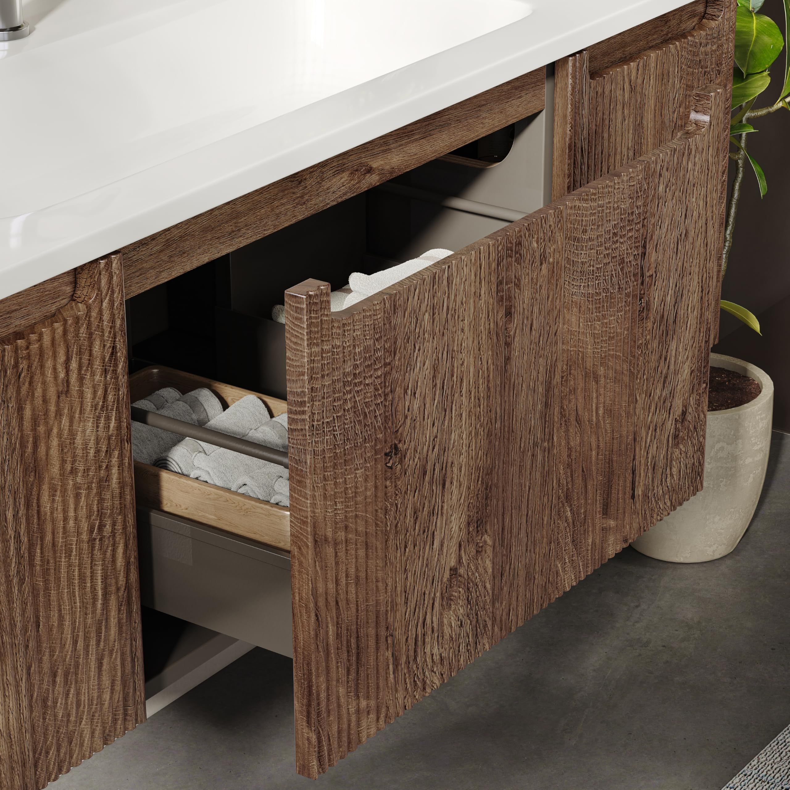 Meuble-Lavabo Mural De 120 cm avec Lavabo en Résine Minérale, Tiroir Et Porte, Ultra-Mince, Fermeture en Douceur, Accent Nervuré, Adapté Aux Grandes Salles De Bains, Forest Walnut