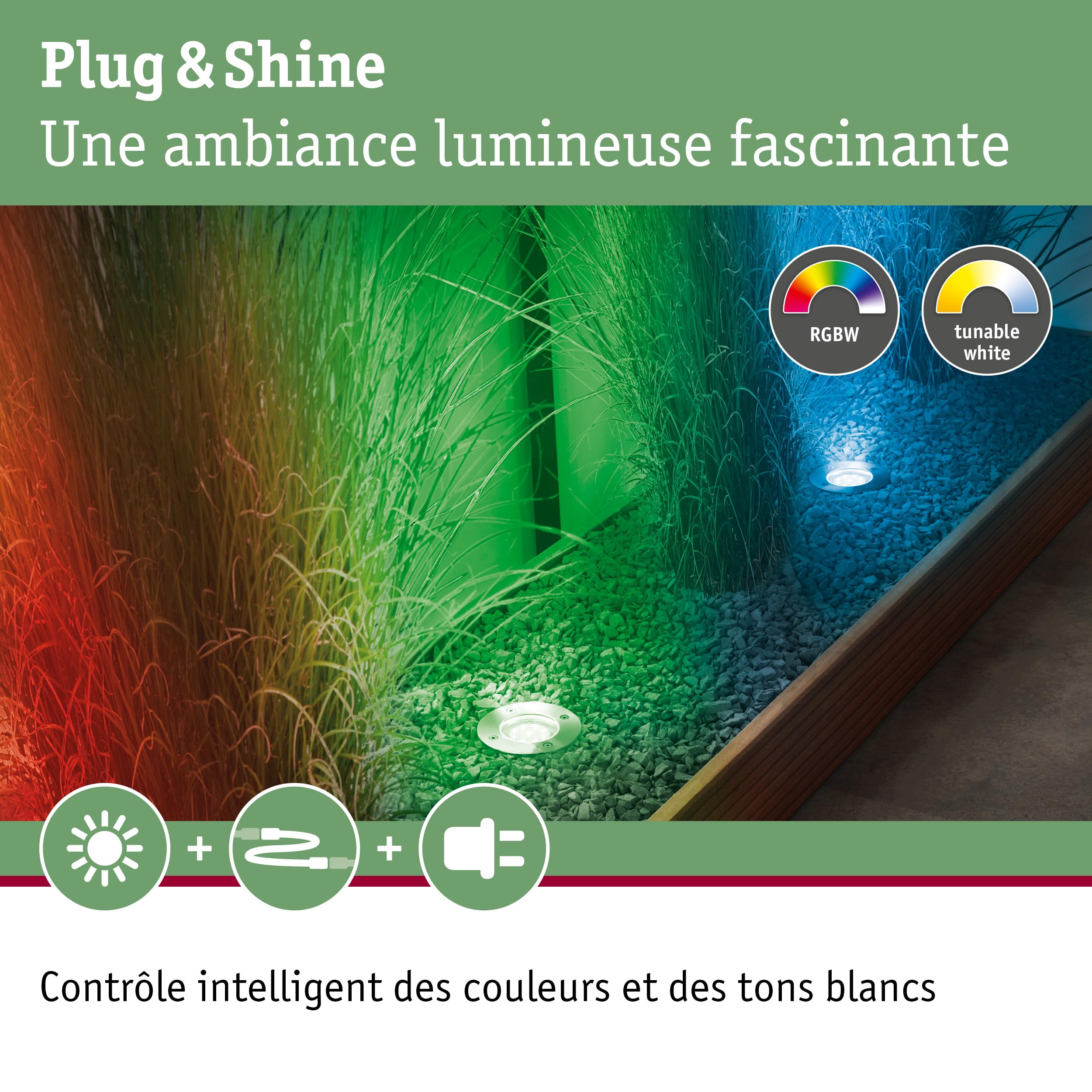 Paulmann 94274 Plug & Shine Lampe d'extérieur LED Zigbee encastré de sol RGBW avec 1x3,7 Watt dimmable IP65 argent éclairage de jardin métal 3000 K