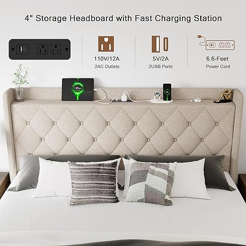 Miniatura 4 de Base de cama de almacenamiento de elevación completa con estación de carga, marco de cama tapizado con almacenamiento, no necesita somier, sin