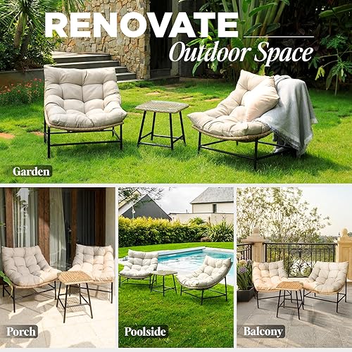 Miniatura 6 de Idzo Caline - Juego de 2 sillas Papasan grandes de ratán para exteriores con mesa auxiliar de cristal, cojín grueso de olefina de alta calidad,