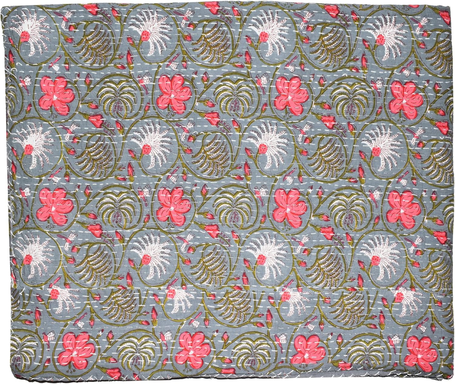 New Indian Cotton King Size Kantha Quilt Beautiful Gray Color Bedding Bedspread Handmade Coverlet Floral Print Bedspread 90x108''