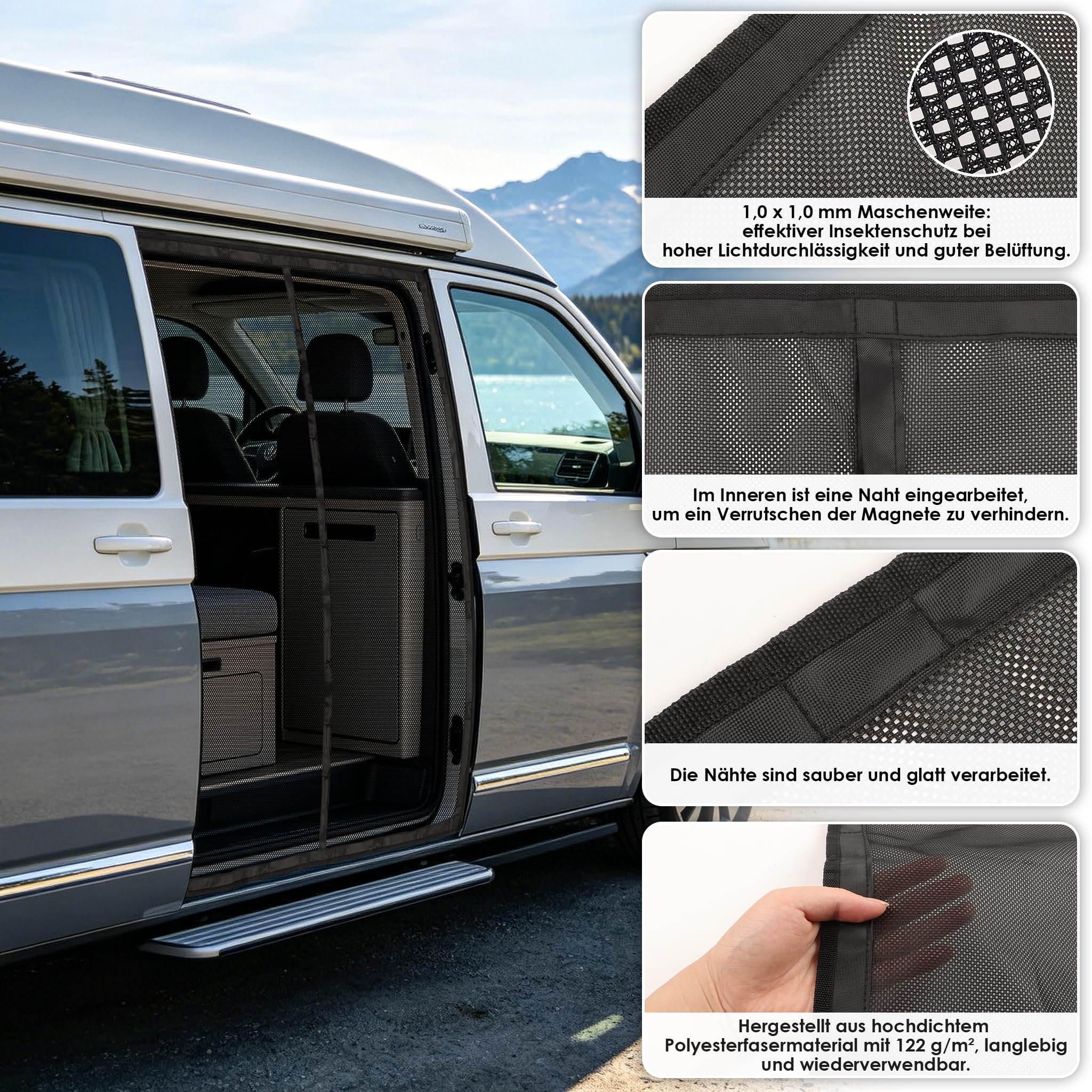 Zanzariera magnetica per porta laterale VW T5 T6, poliestere 122 g/m², maglia 1 mm, per campeggio